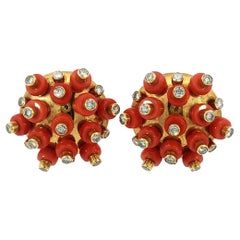 18K Coral Diamond Earrings Aletto Brothers Clip-on Sputnik Design 18K Gold