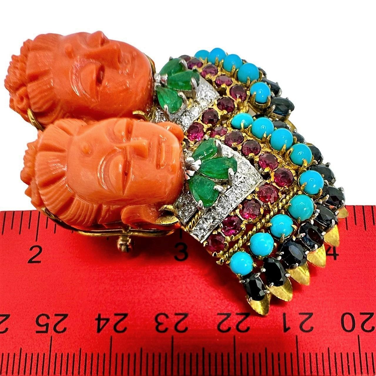 Women's 18k Coral Lady Buddha Brooch w/Diamonds, Emeralds, Rubies, Sapphires & Turquoise For Sale