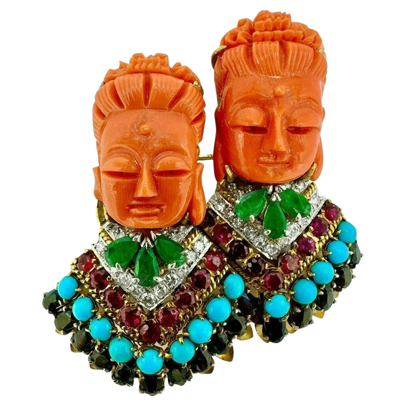 Broche Bouddha pour femme en corail 18 carats avec diamants, émeraudes, rubis, saphirs et turquoise