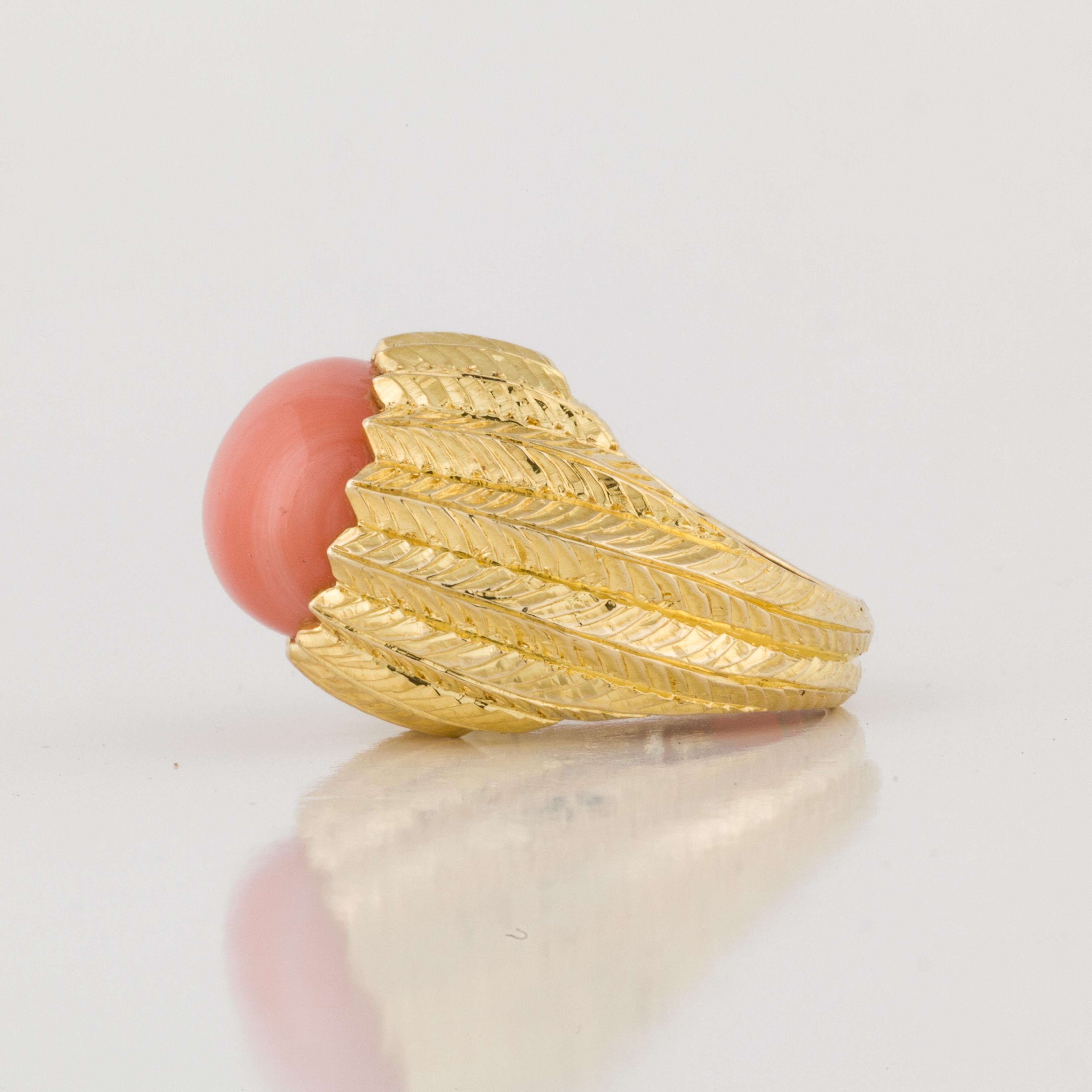 Oval Cut Coral Ring in 18K Hand Chased Gold