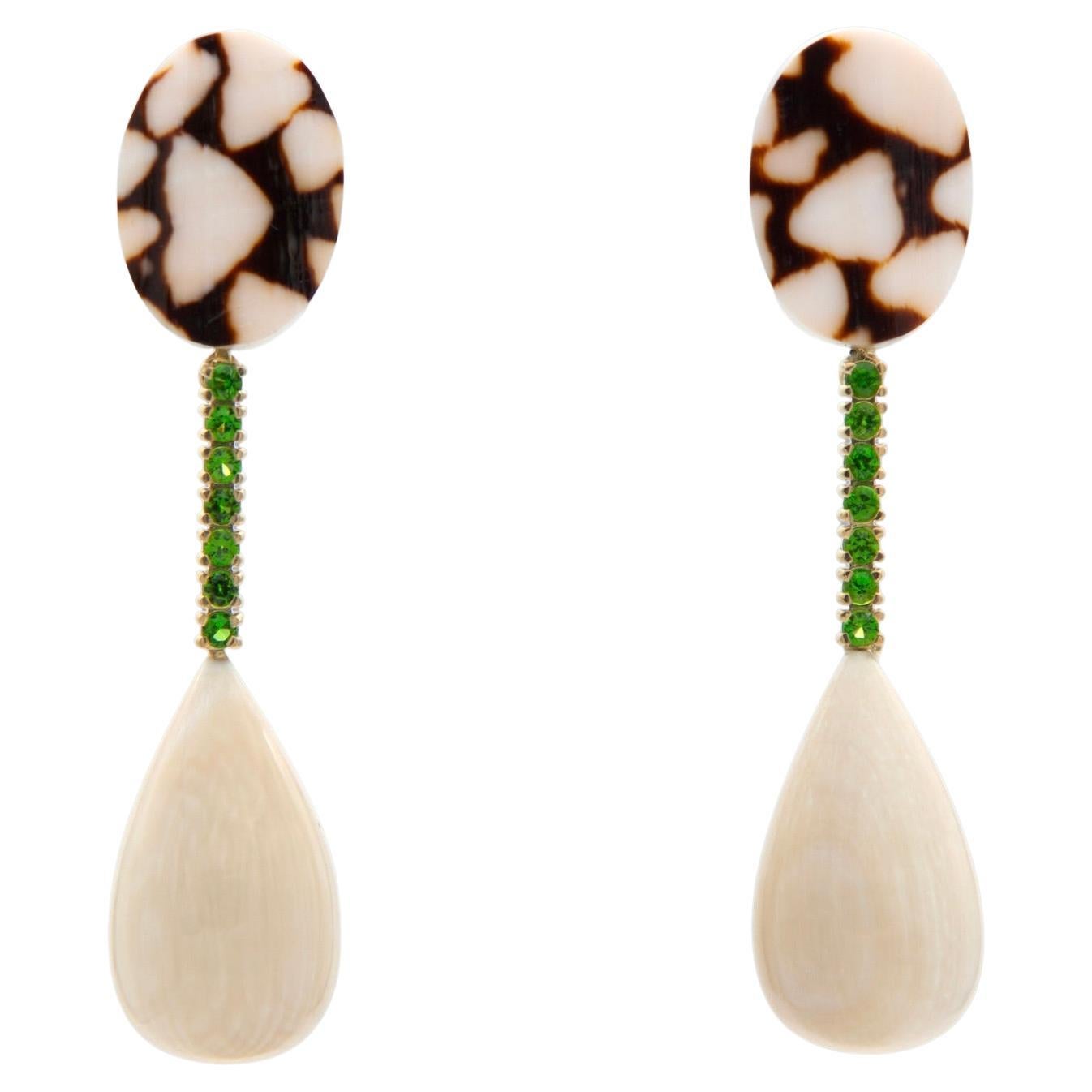 18K Cowrie Shell, Imperial Diopside and Prehistoric Woolly Mammoth Earrings