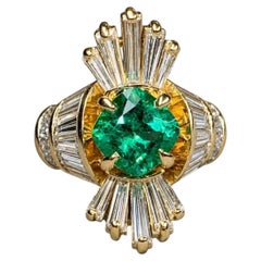 18K Cushion ColombianEmerald & Baguette Diamond Large Spray Cocktail Ring GIA