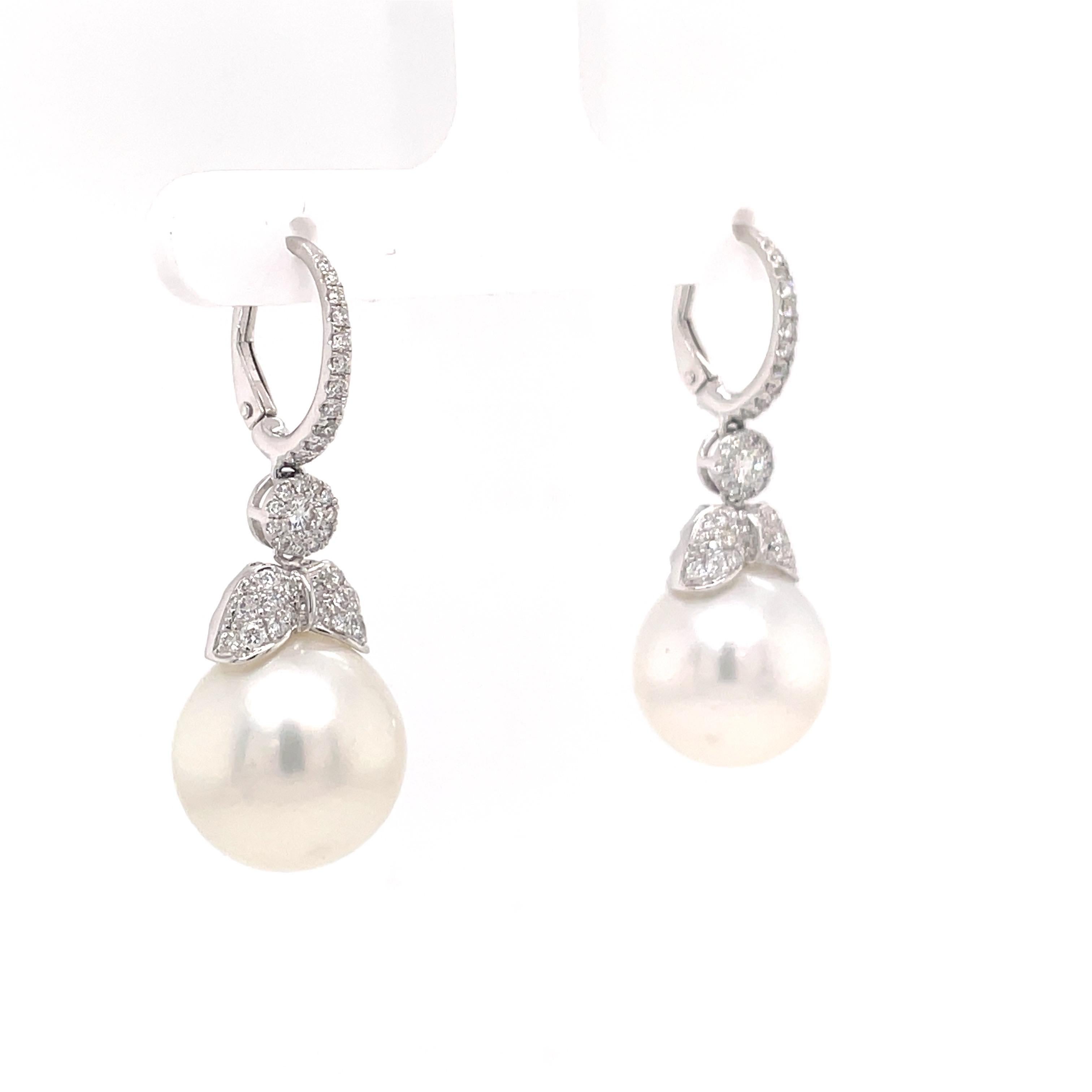 Contemporary 18k Dangle Diamond Pearl Earrings For Sale