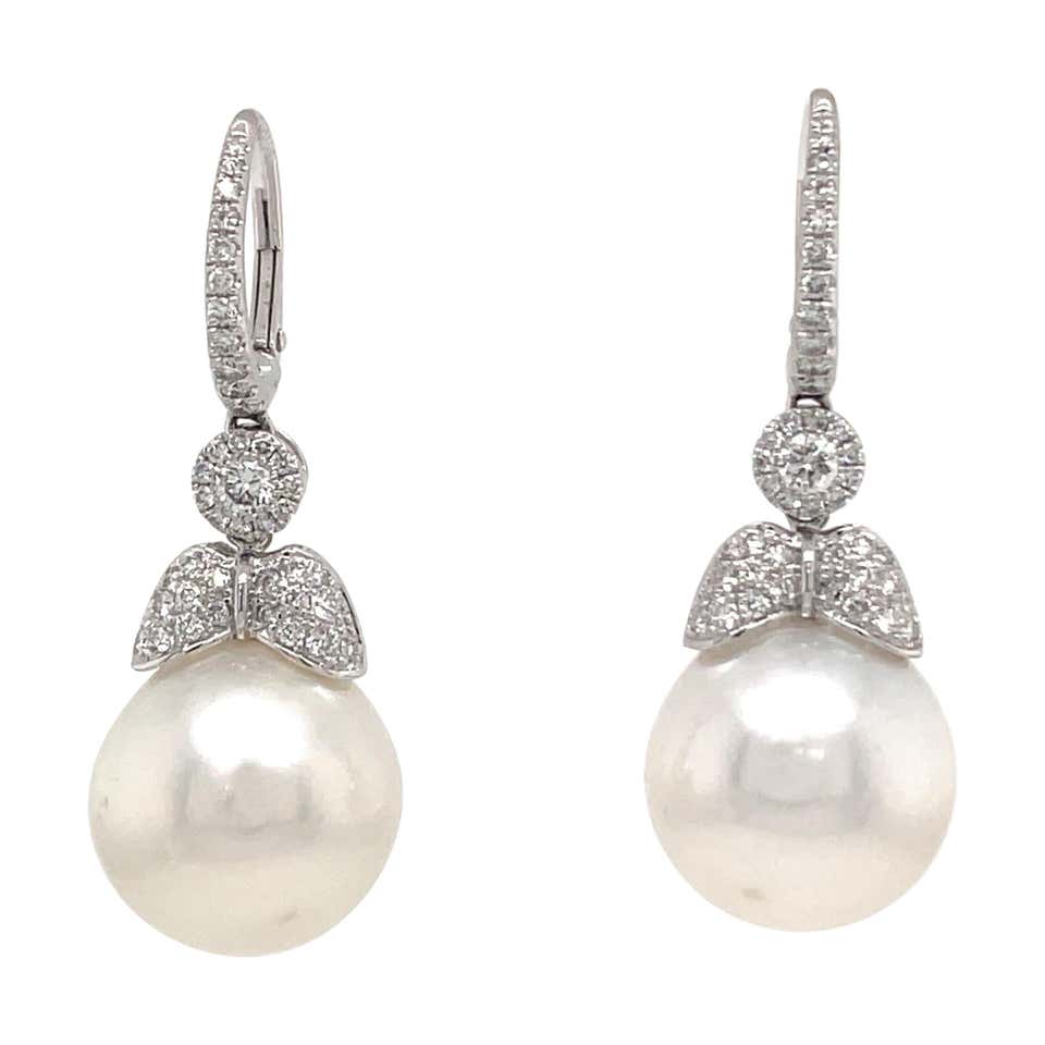 18k Leaf Diamond and Pearl Dangle Earrings Dangle For Sale at 1stDibs