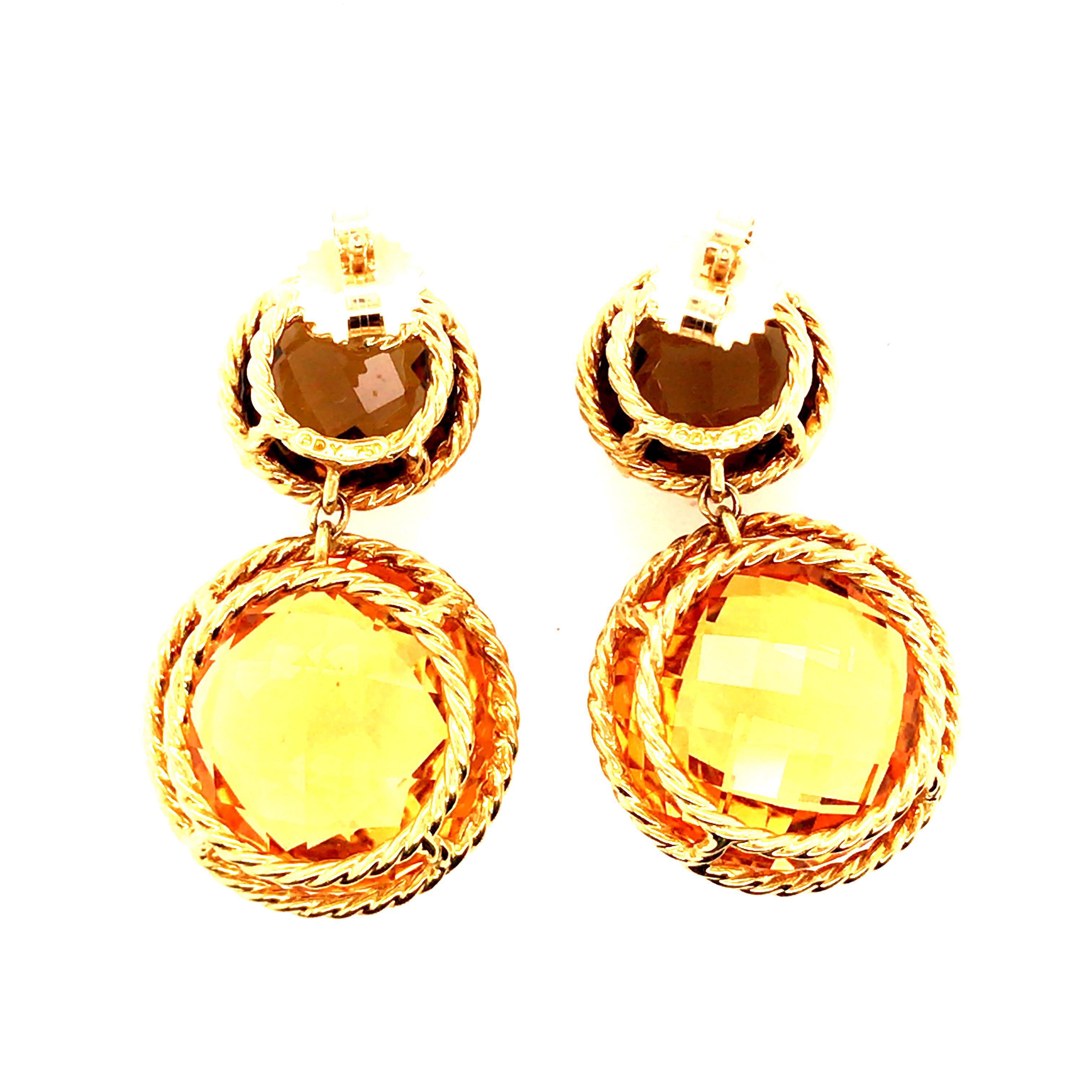 Round Cut 18K David Yurman Citrine and Smoky Quartz Chatelaine Drop Earrings Yellow Gold
