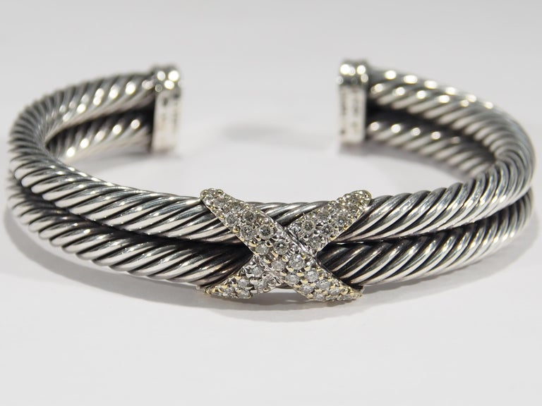 18 Karat David Yurman Diamond XCuff Bracelet Sterling Silver Crossover at 1stDibs