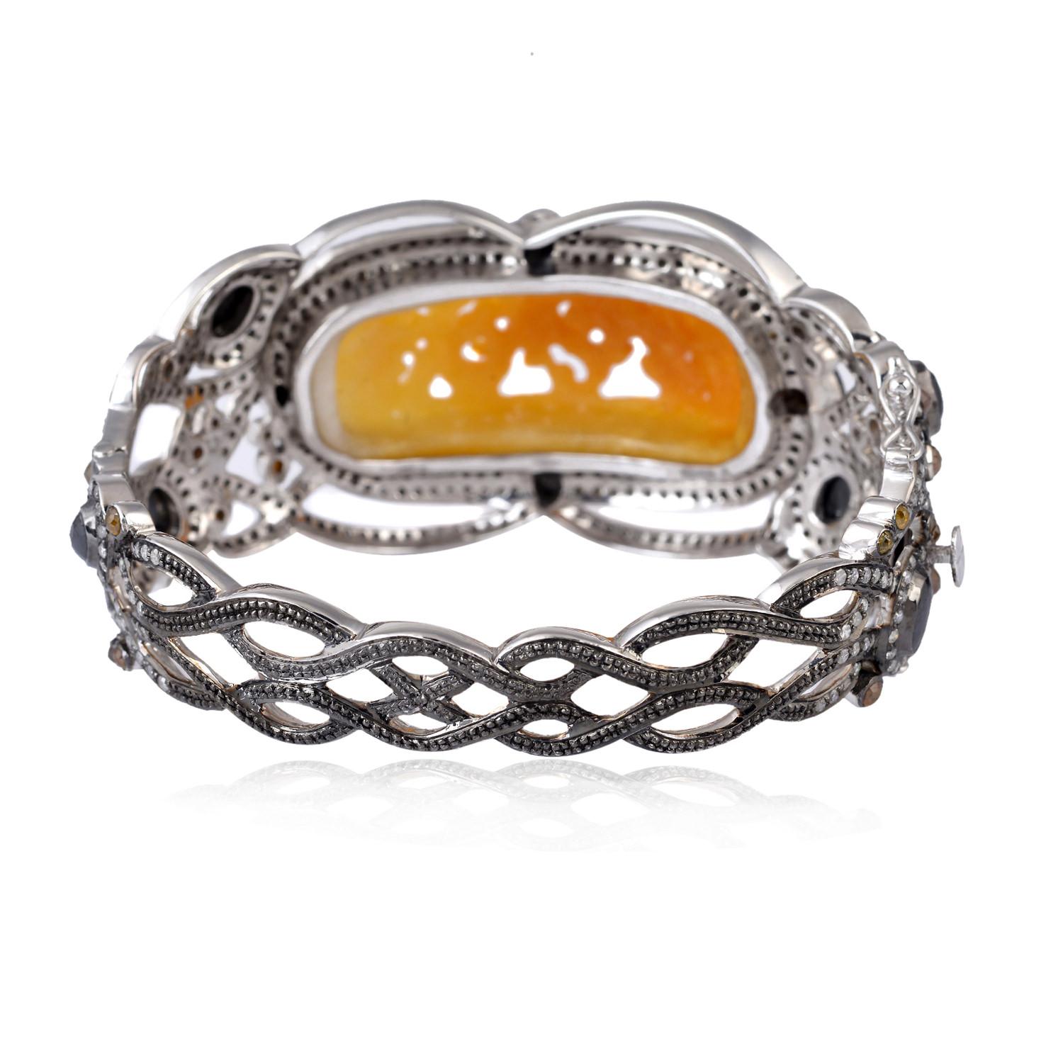 Modern Designer Bracelet with Carved Center Stone Jade & Pave Diamonds In Gold & Silver For Sale