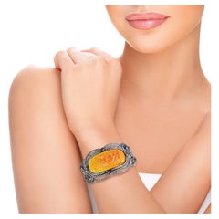 Designer Bracelet with Carved Center Stone Jade & Pave Diamonds In Gold & Silver