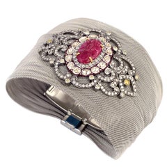 Designer Cuff With Center Stone Carved Ruby Motif & Pave Diamonds in Steel Mesh