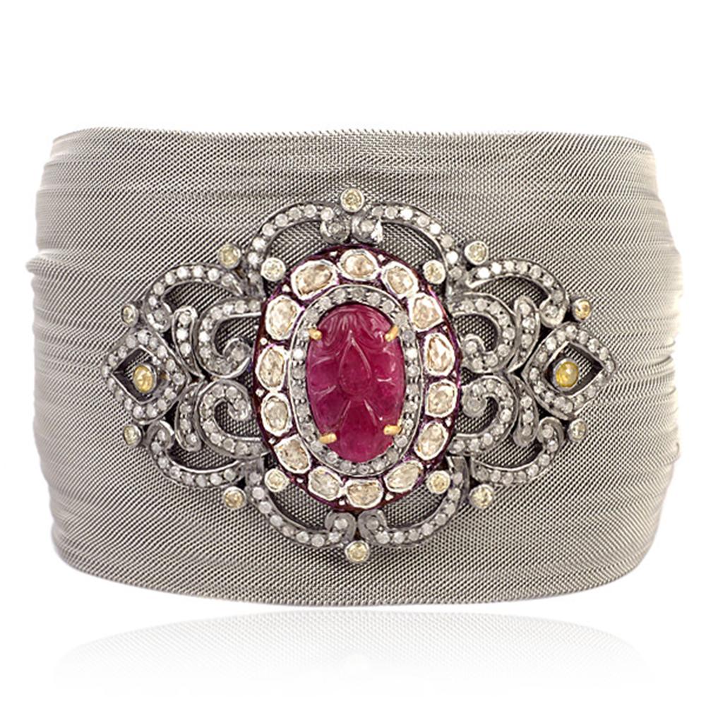 Mixed Cut Designer Cuff With Center Stone Carved Ruby Motif & Pave Diamonds in Steel Mesh For Sale