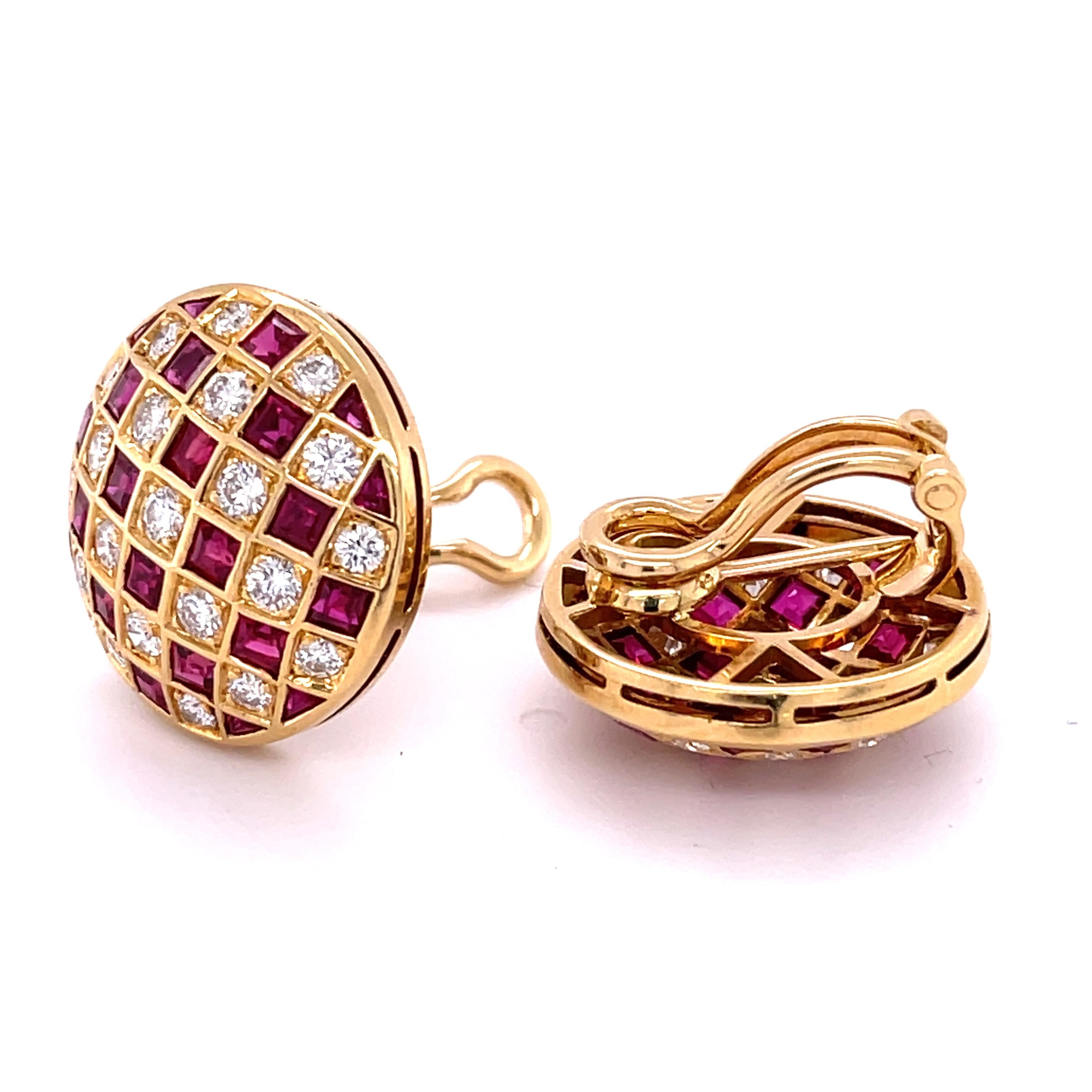 Round Cut 18K Designer Ruby & Diamond Earrings For Sale