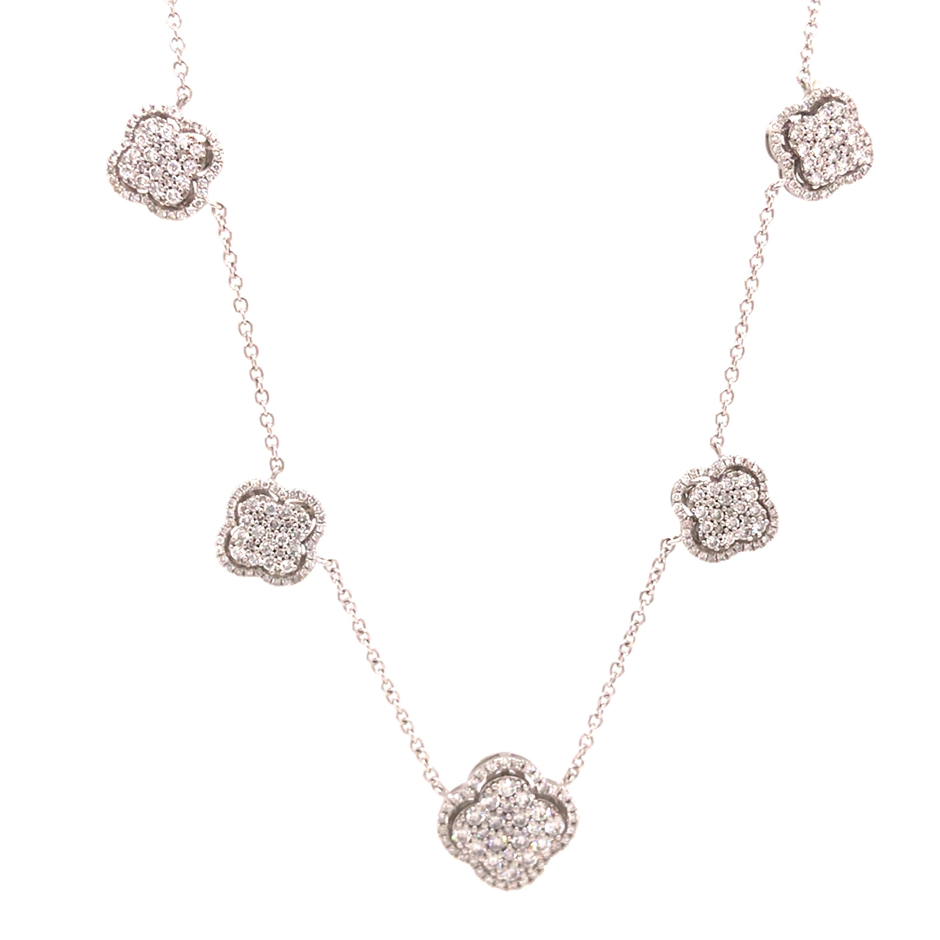 Diamond (5) Cluster Clover Station Necklace in 18K White Gold.  Round Brilliant Cut Diamonds weighing 2.12 carat total weight G-H in color and VS-SI in clarity are expertly set. The Necklace measures 18 inch in length; adjustbale to 16 inch.  The