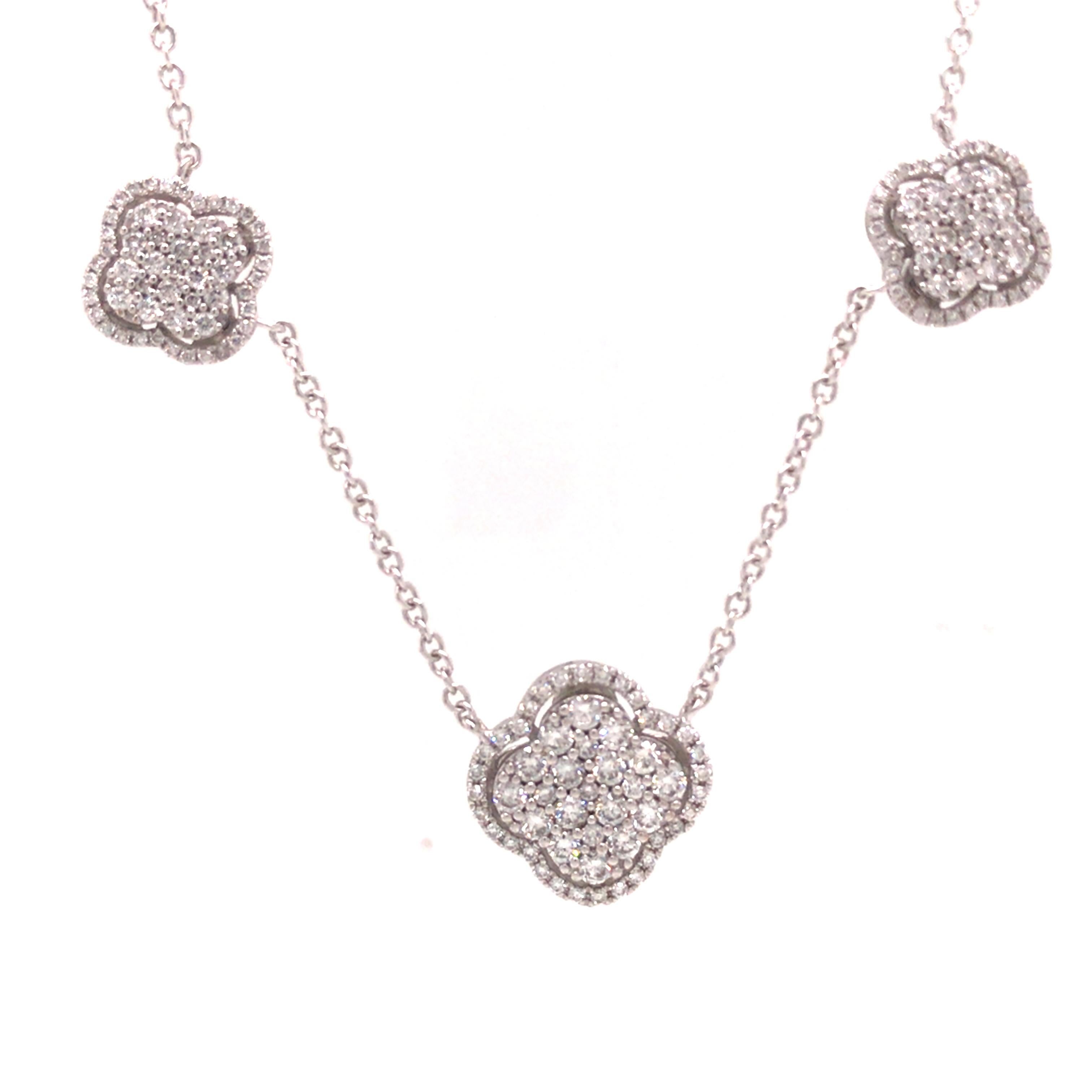 Round Cut 18K Diamond '5' Cluster Clover Station Necklace White Gold