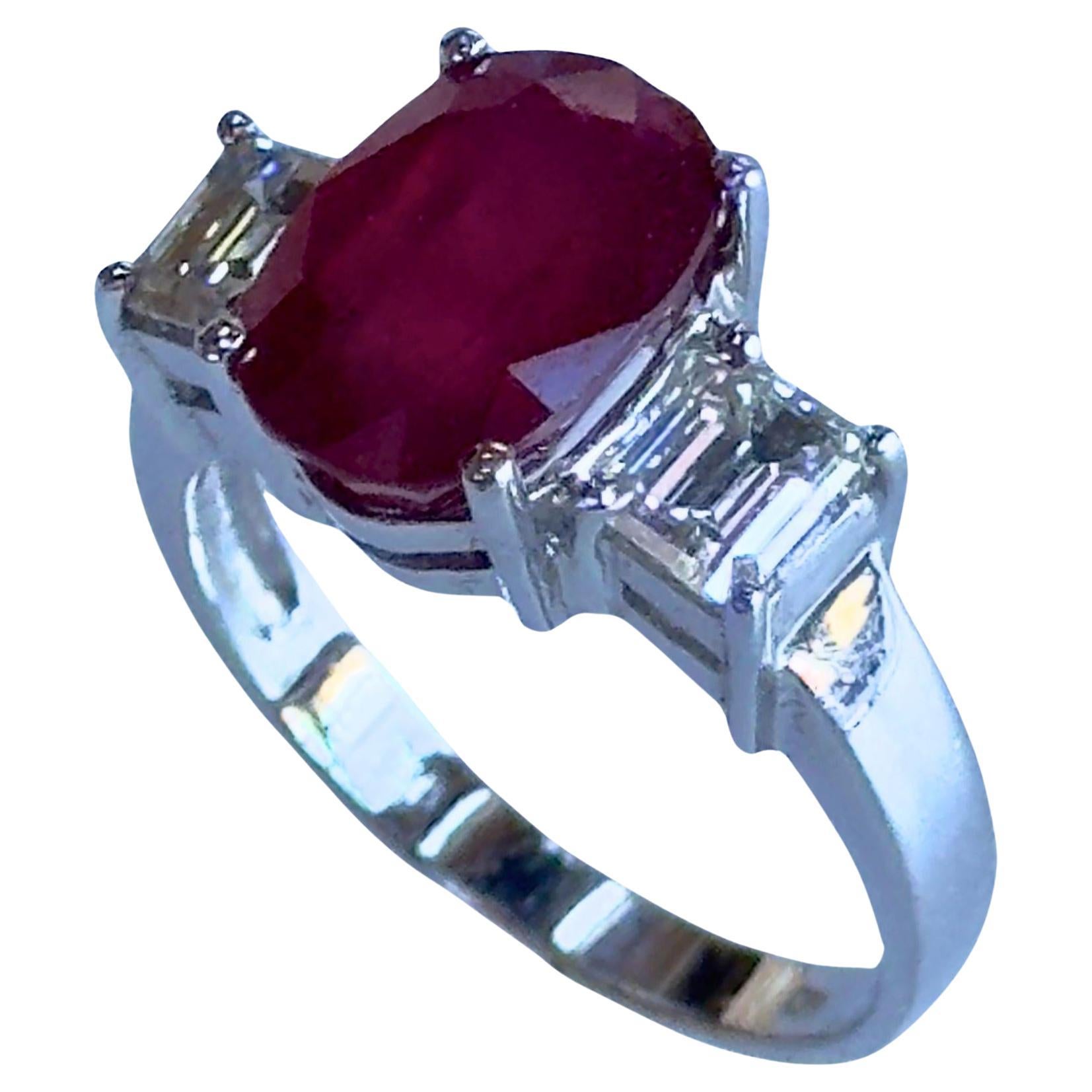 18k Diamond and African Ruby Three Stone Ring For Sale