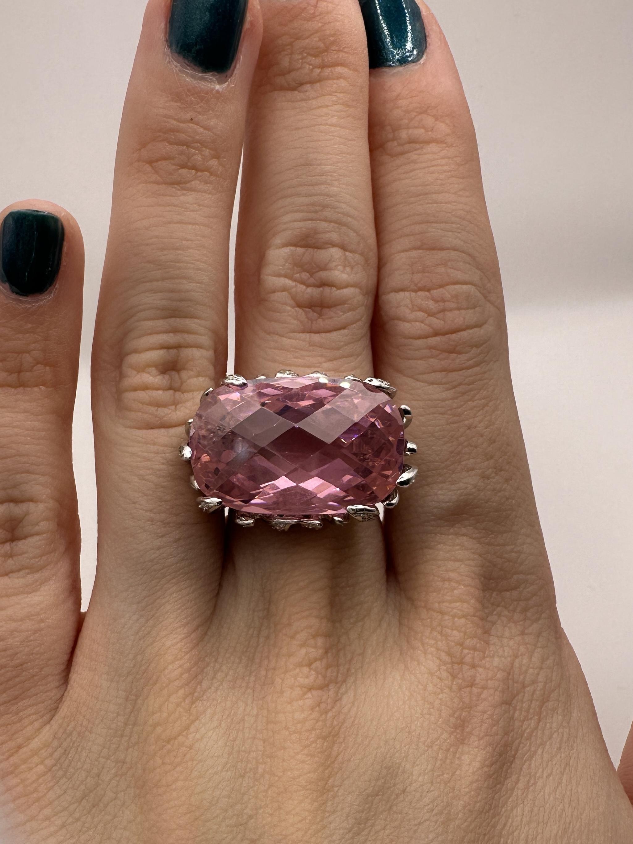 18k Diamond and Checkered Pink Stone Center Cocktail Ring For Sale 2
