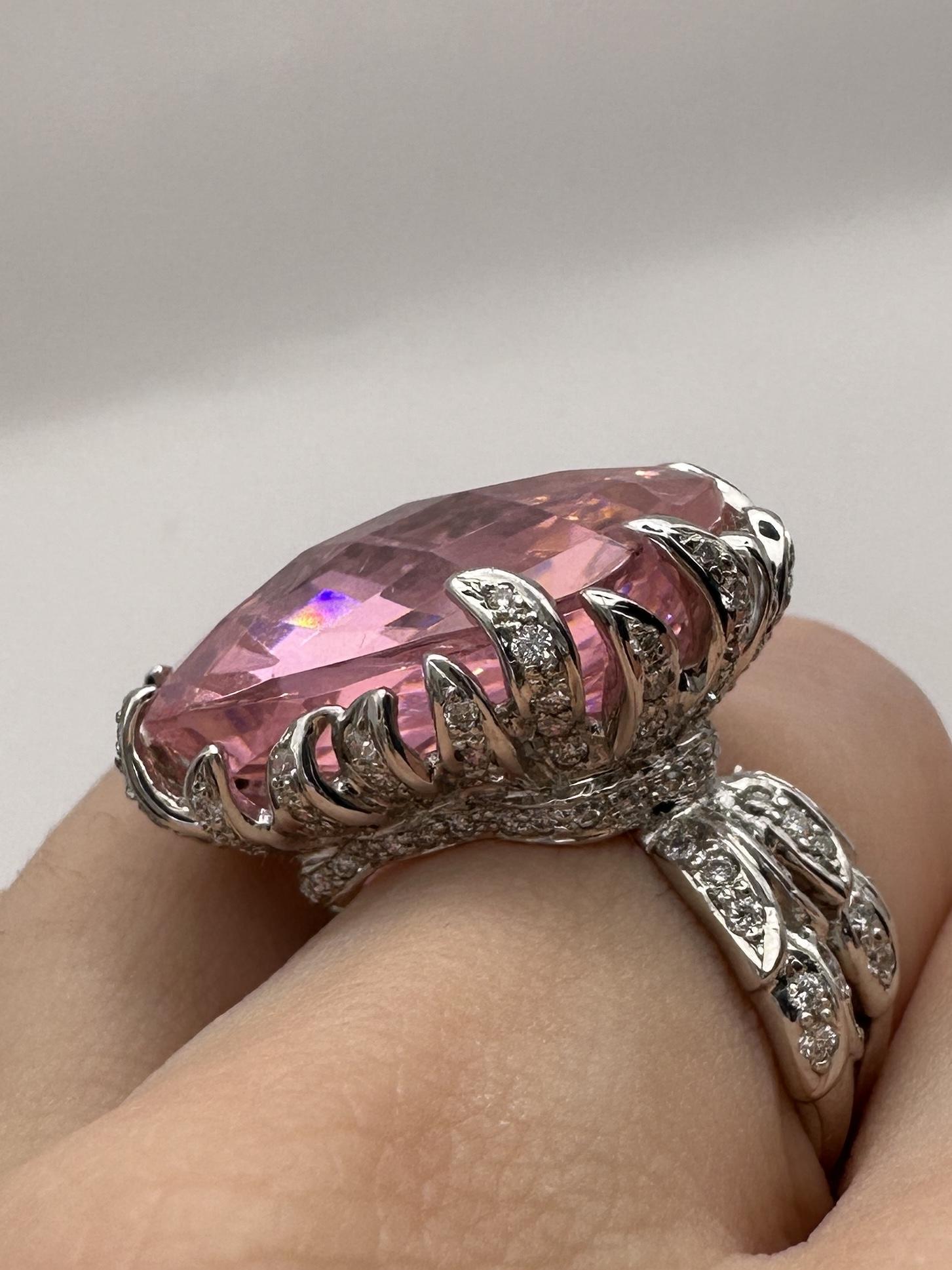 18k Diamond and Checkered Pink Stone Center Cocktail Ring For Sale 3