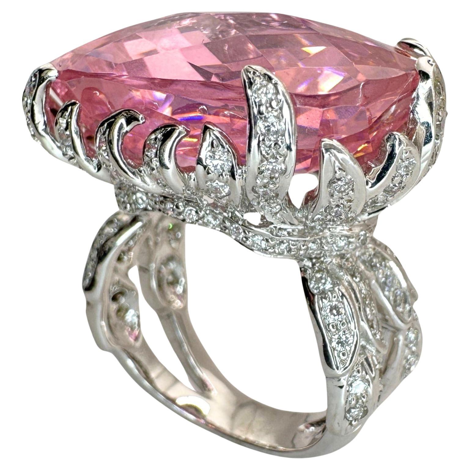 18k Diamond and Checkered Pink Stone Center Cocktail Ring For Sale