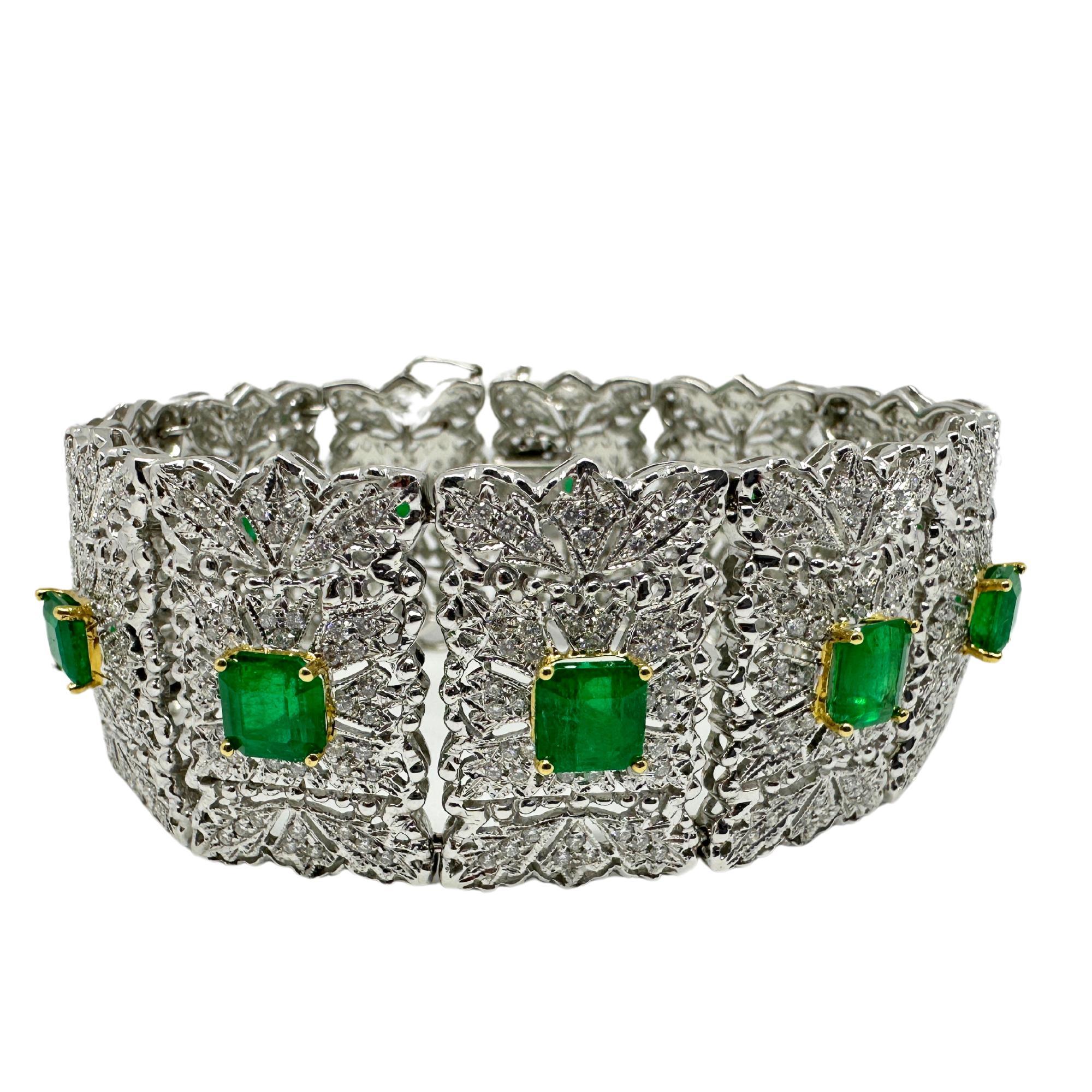 Bracelet en or blanc 18K avec diamants et émeraudes
Condit : En bon état avec quelques légères usures de surface dues à l'âge.
Longueur : 8 pouces
Largeur : 1,25 pouces
Métal : Or blanc 18k
Poids : 71.9 grammes
Diamants : 4,50 carats
Émeraude :