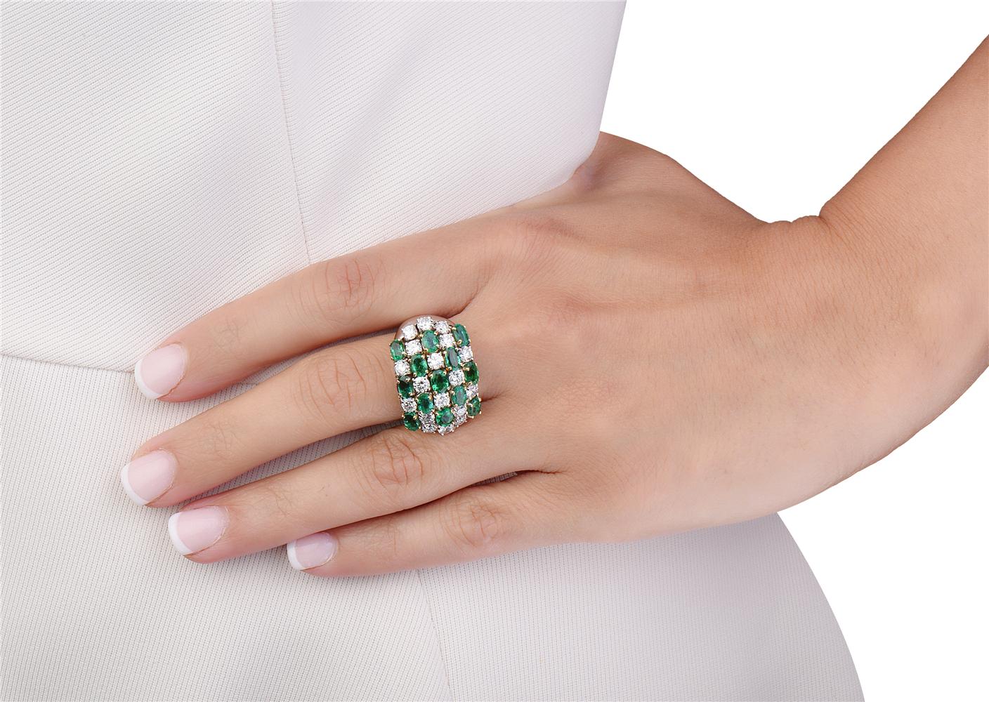 Round Cut 18 Karat Diamond and Emerald Cocktail Ring