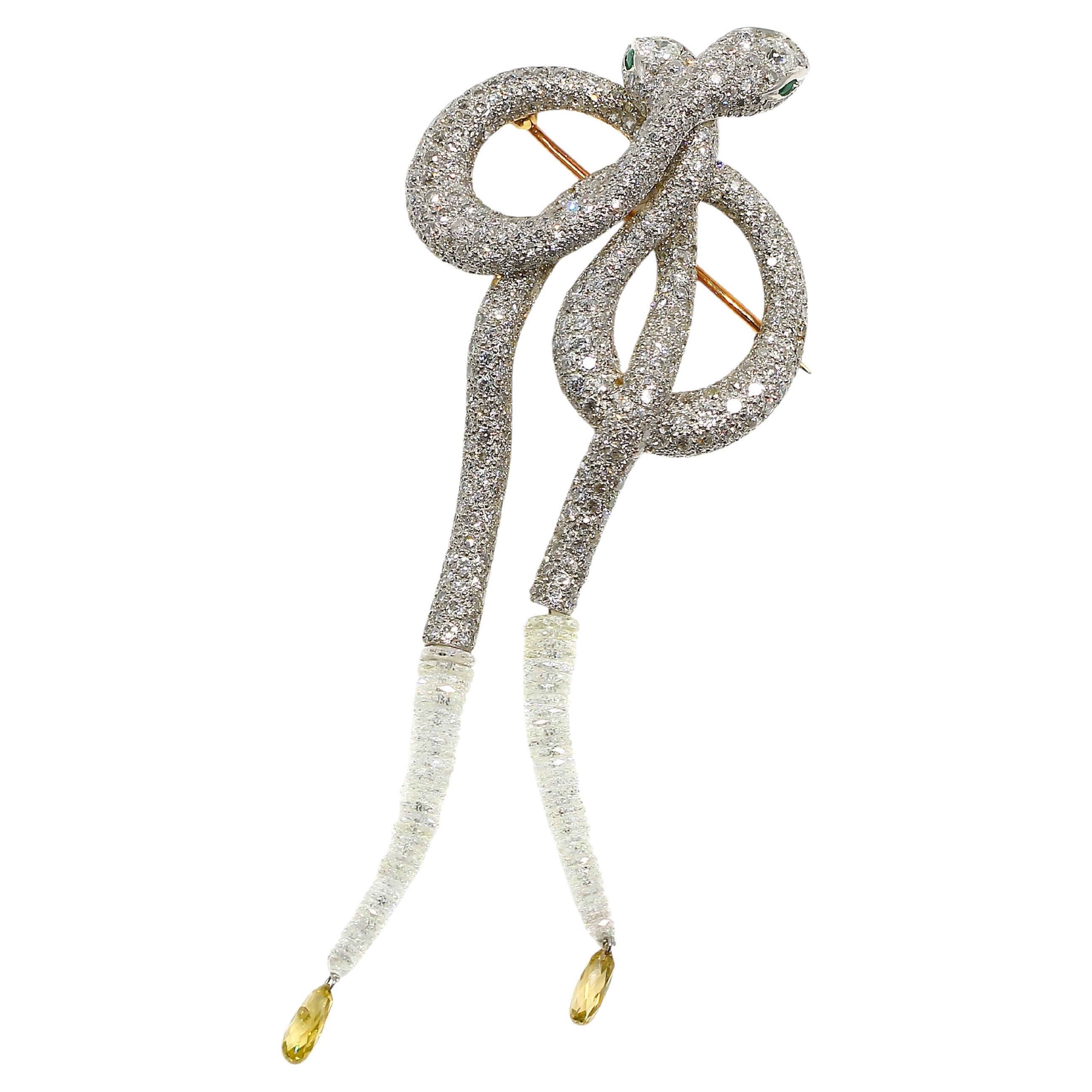18K Diamond and Emerald Double Snake Brooch with Yellow Diamond Briolettes