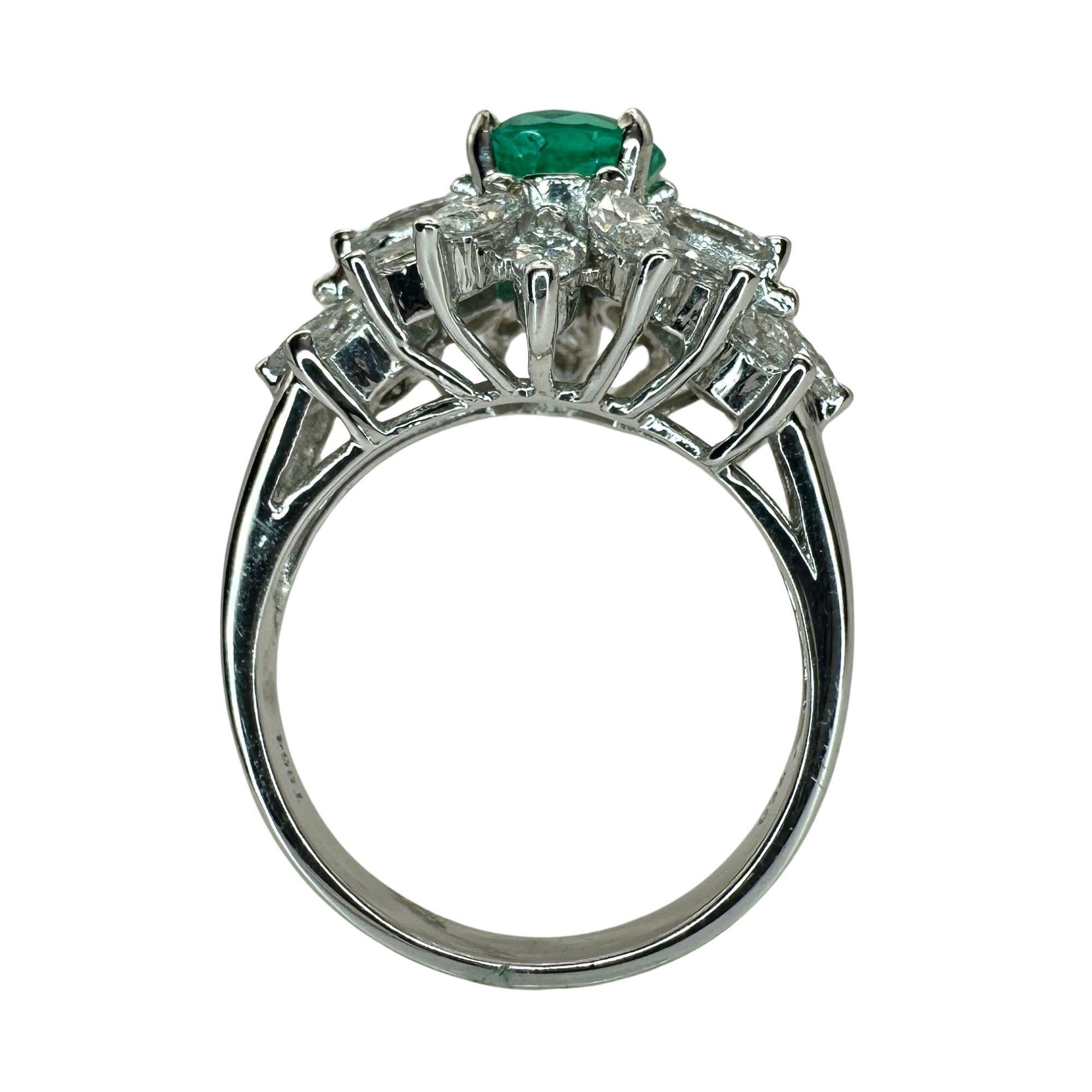 Indulge in our 18k Diamond and Emerald Ring. Crafted from white gold, this stunning piece features 1.75 carats of diamonds and a beautiful 1.08 carat emerald. With a ring size of 6.50 and a weight of 6.14 grams, this ring is a true indulgence for