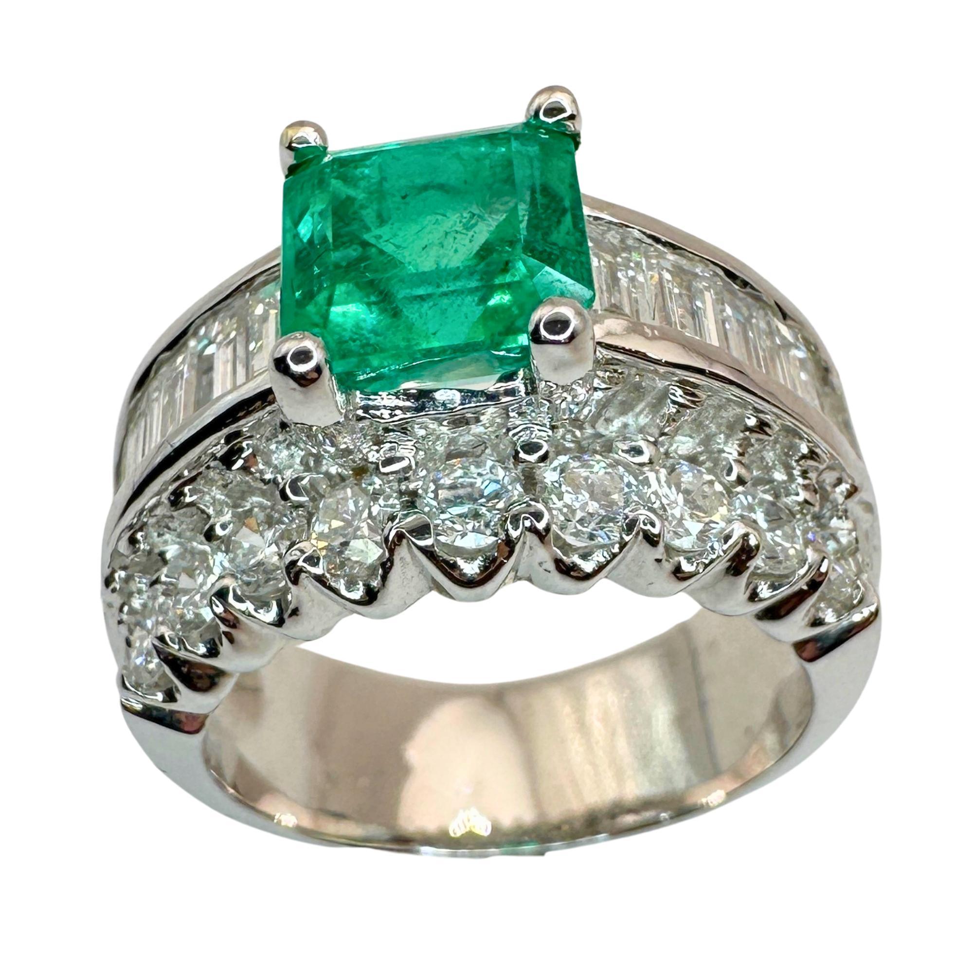 Indulge in luxury with our stunning 18k Diamond and Emerald Wide Band Ring! Crafted with 2.13 carats of sparkling diamonds and stunning 1.80 carats of emeralds, this ring exudes elegance and sophistication. Made with 18k white gold and weighing