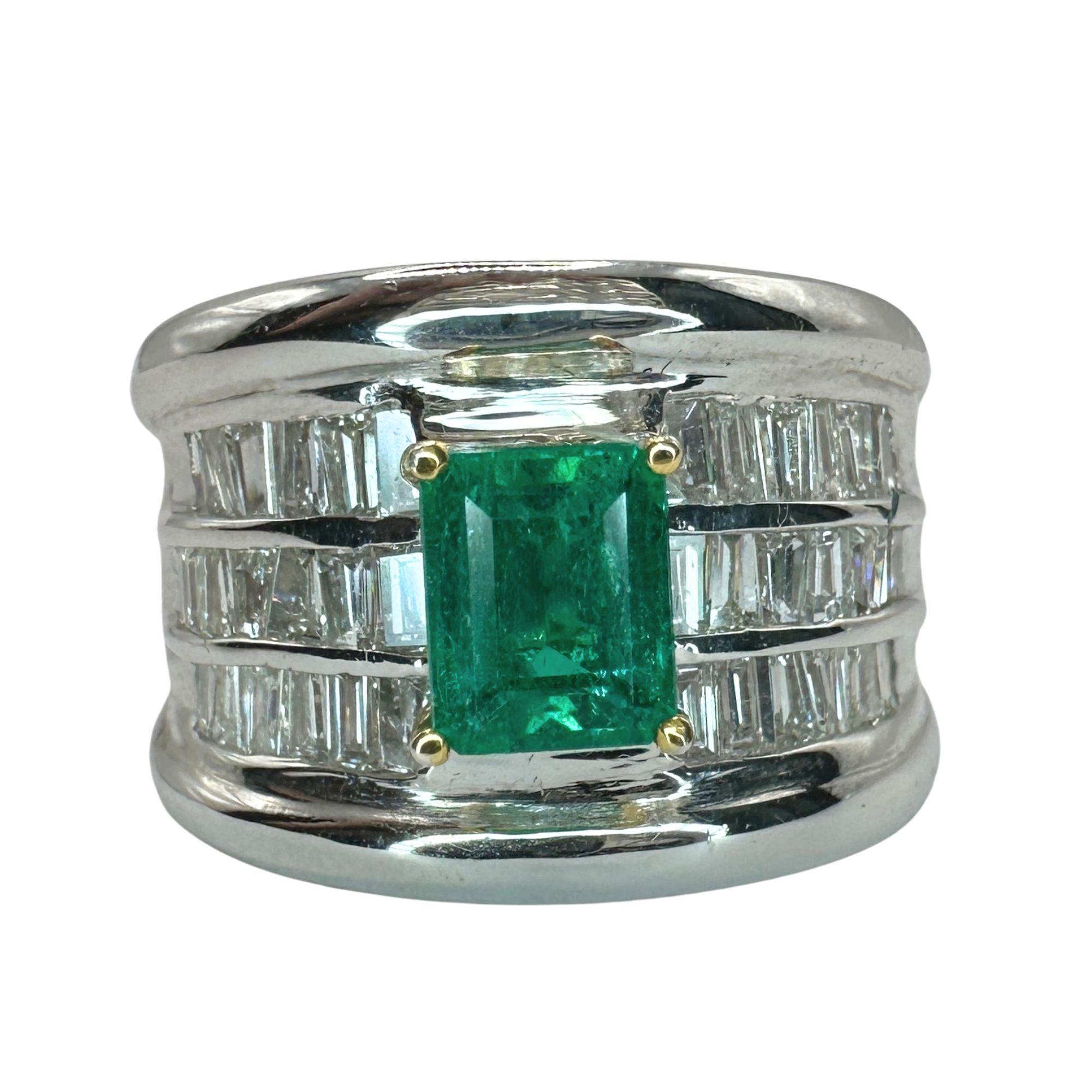 Trillion Cut 18k Diamond and Emerald Wide Band Ring For Sale