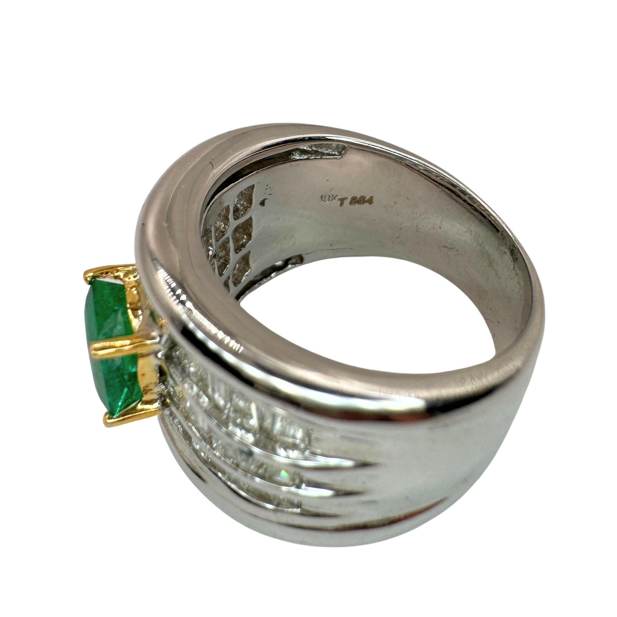 Women's 18k Diamond and Emerald Wide Band Ring For Sale