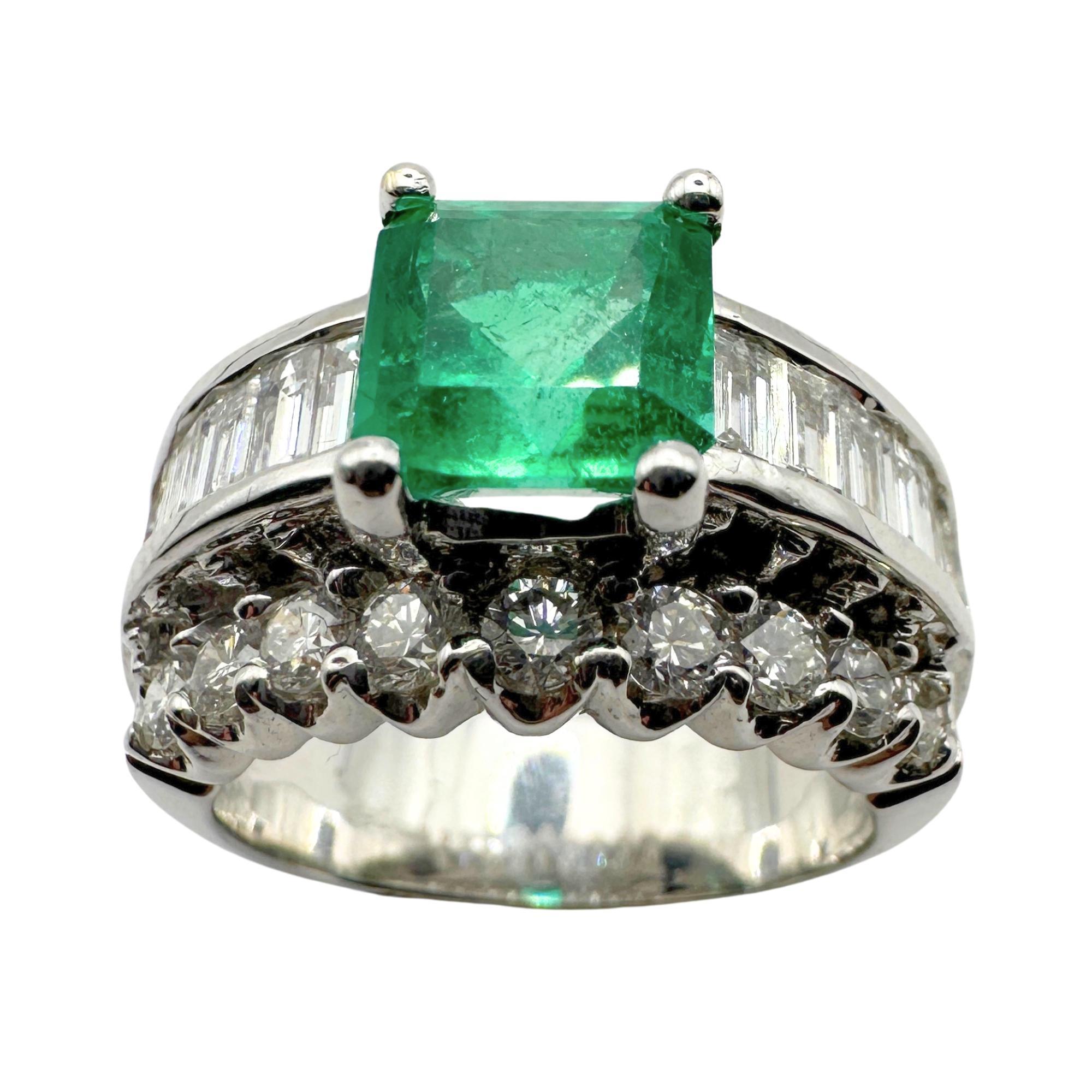 Women's 18k Diamond and Emerald Wide Band Ring For Sale