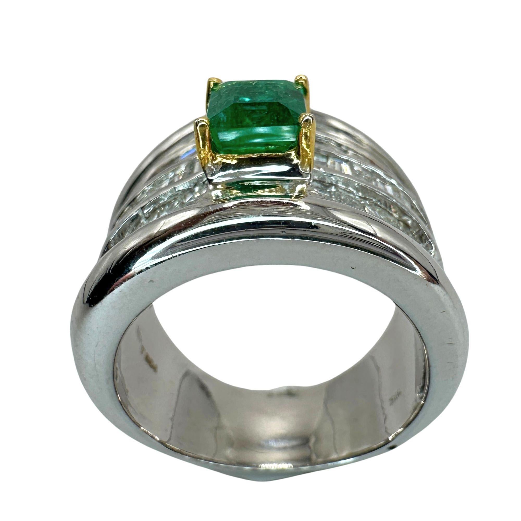 18k Diamond and Emerald Wide Band Ring For Sale 1