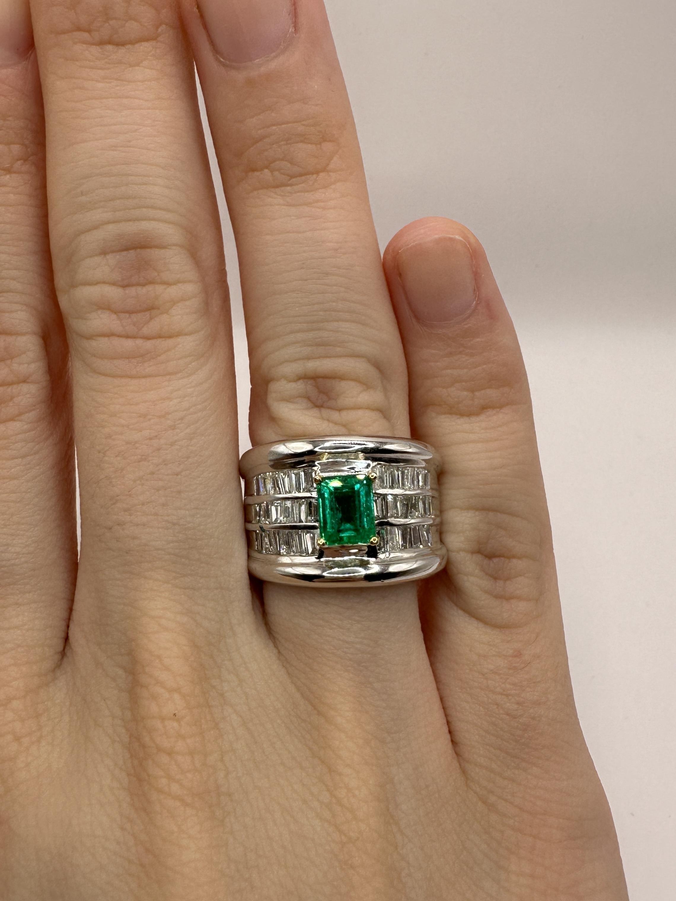18k Diamond and Emerald Wide Band Ring For Sale 4