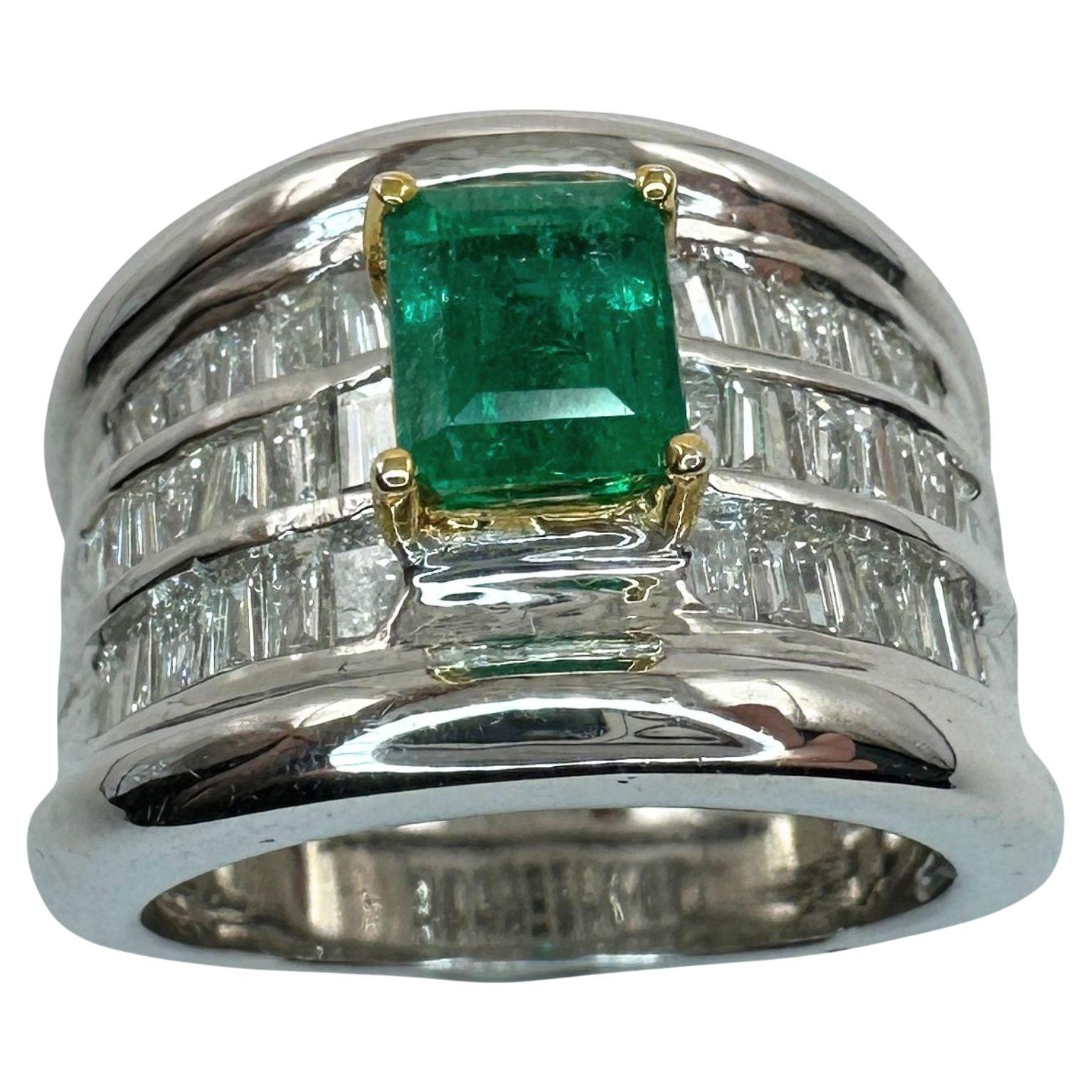 18k Diamond and Emerald Wide Band Ring