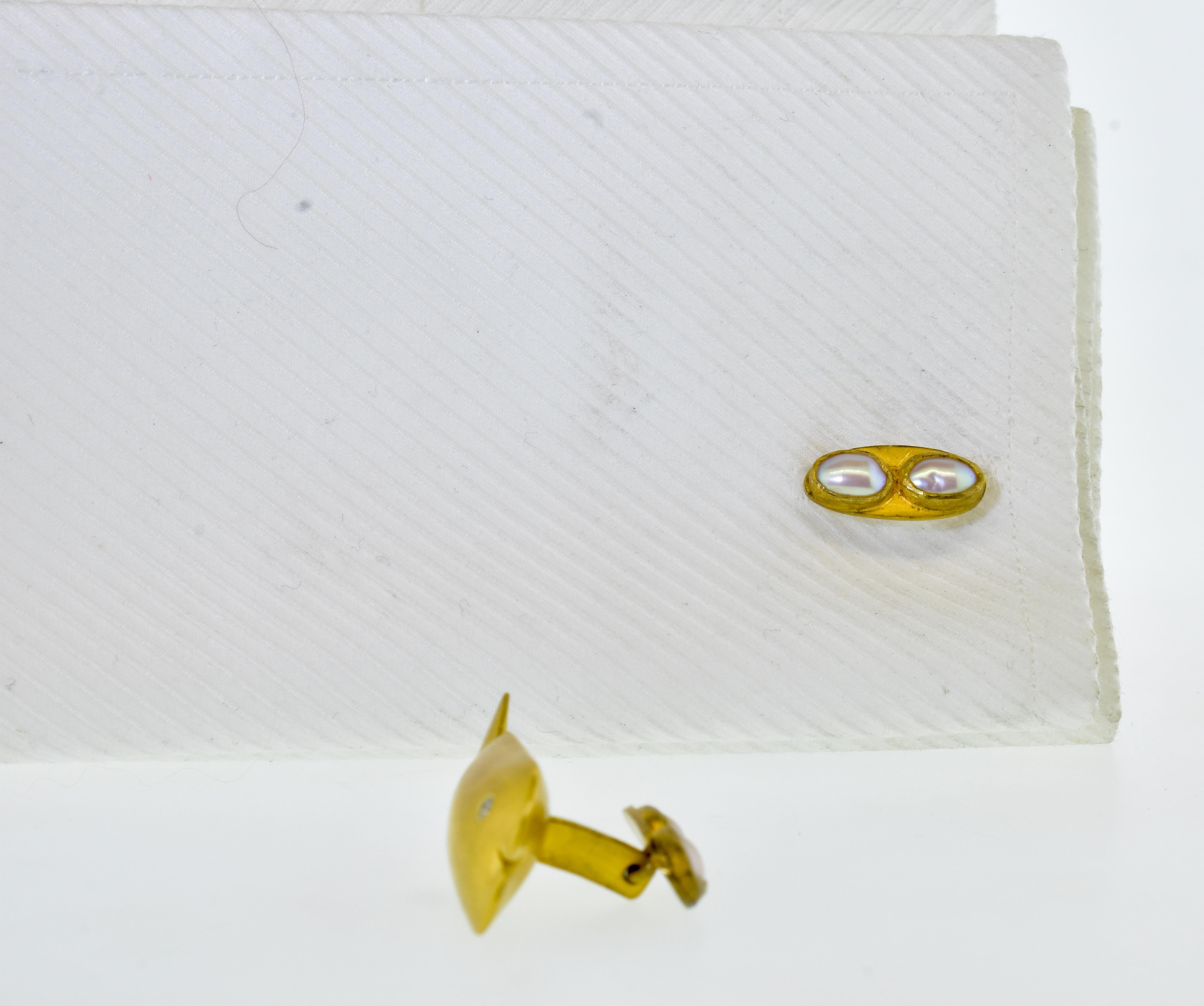 Brilliant Cut 18K, Diamond and Fresh Water Pearl Whale Motif Large and Unusual Cufflinks