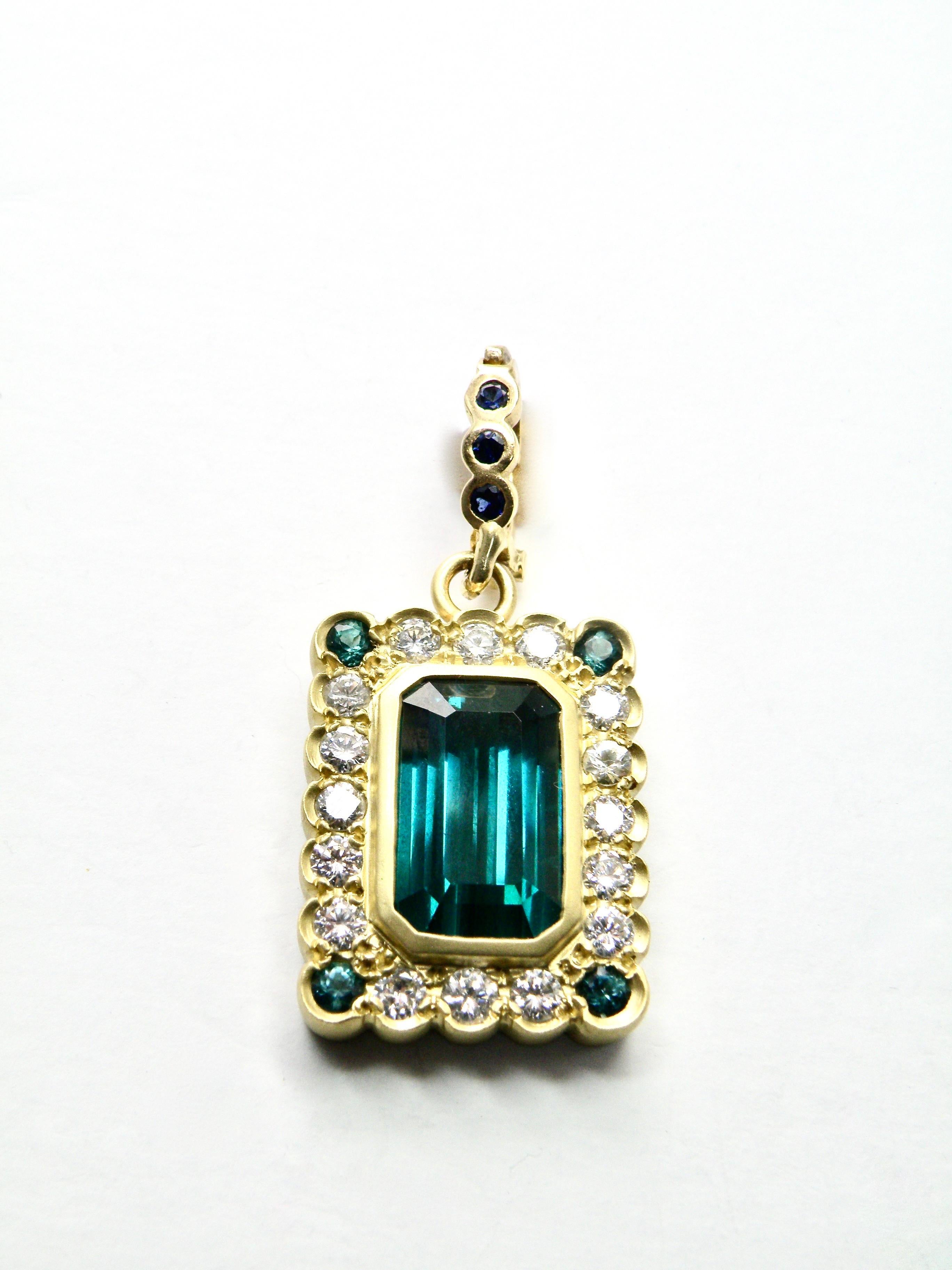 Contemporary 18K Diamond and Green Afghan Tourmaline Pendant For Sale