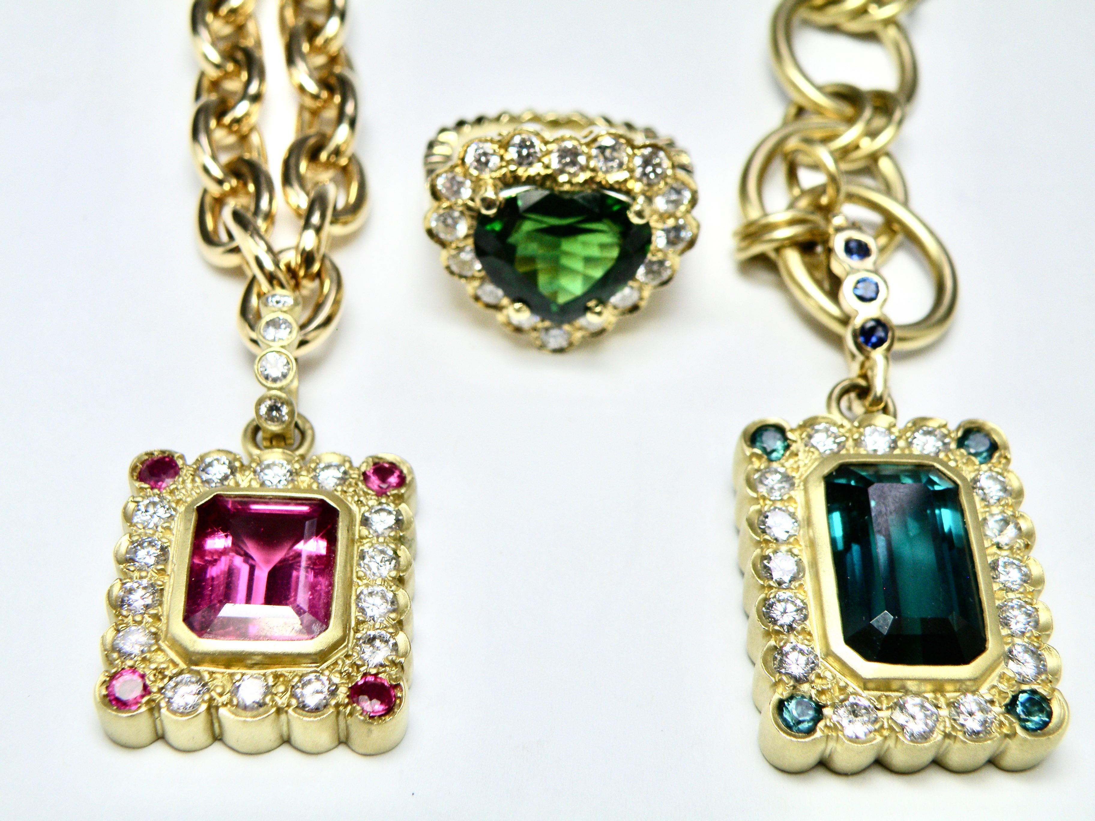 Emerald Cut 18K Diamond and Green Afghan Tourmaline Pendant For Sale