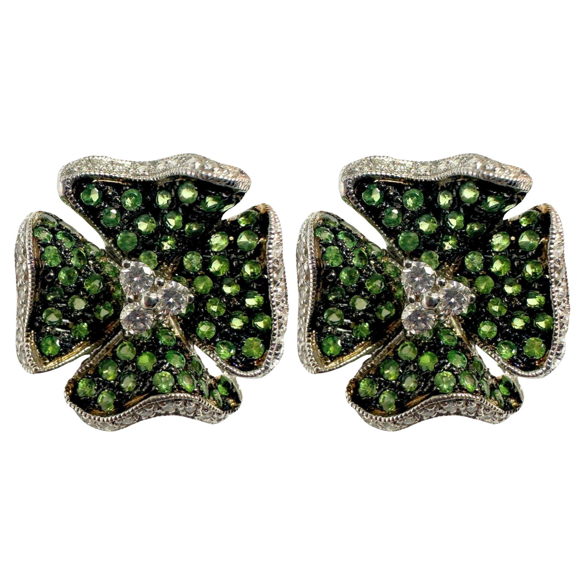 18K Diamond and Green Garnet Flower Earrings