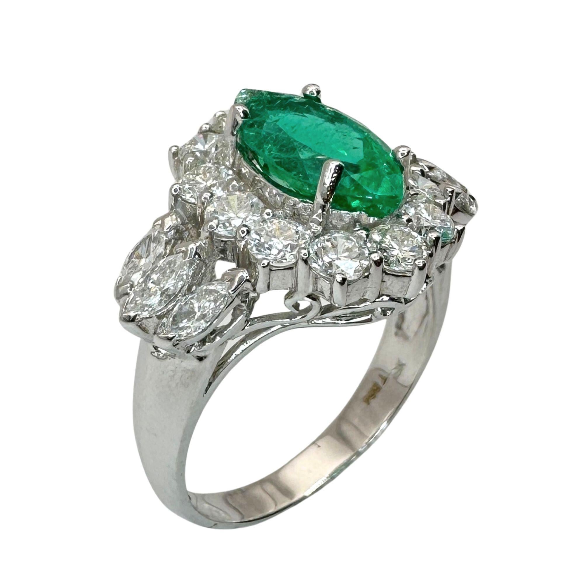 Women's 18k Diamond and Marquise Cut Emerald Ring For Sale