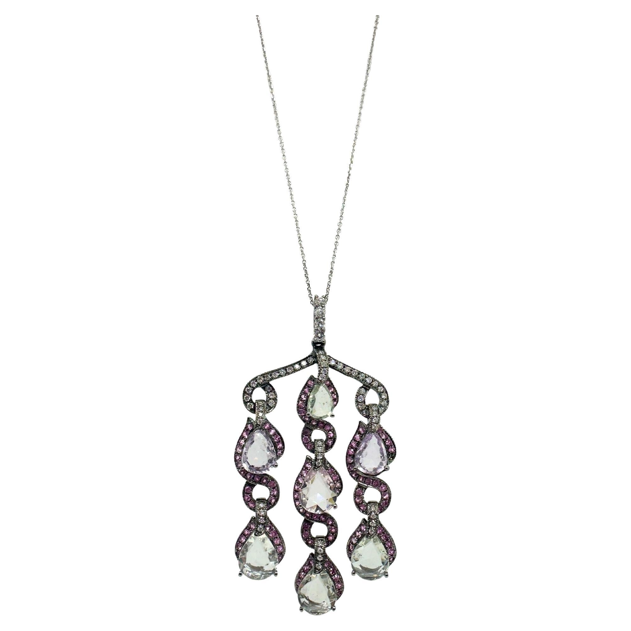 18k Diamond and Multi Color Sapphire Pendant Necklace with 14k Chain