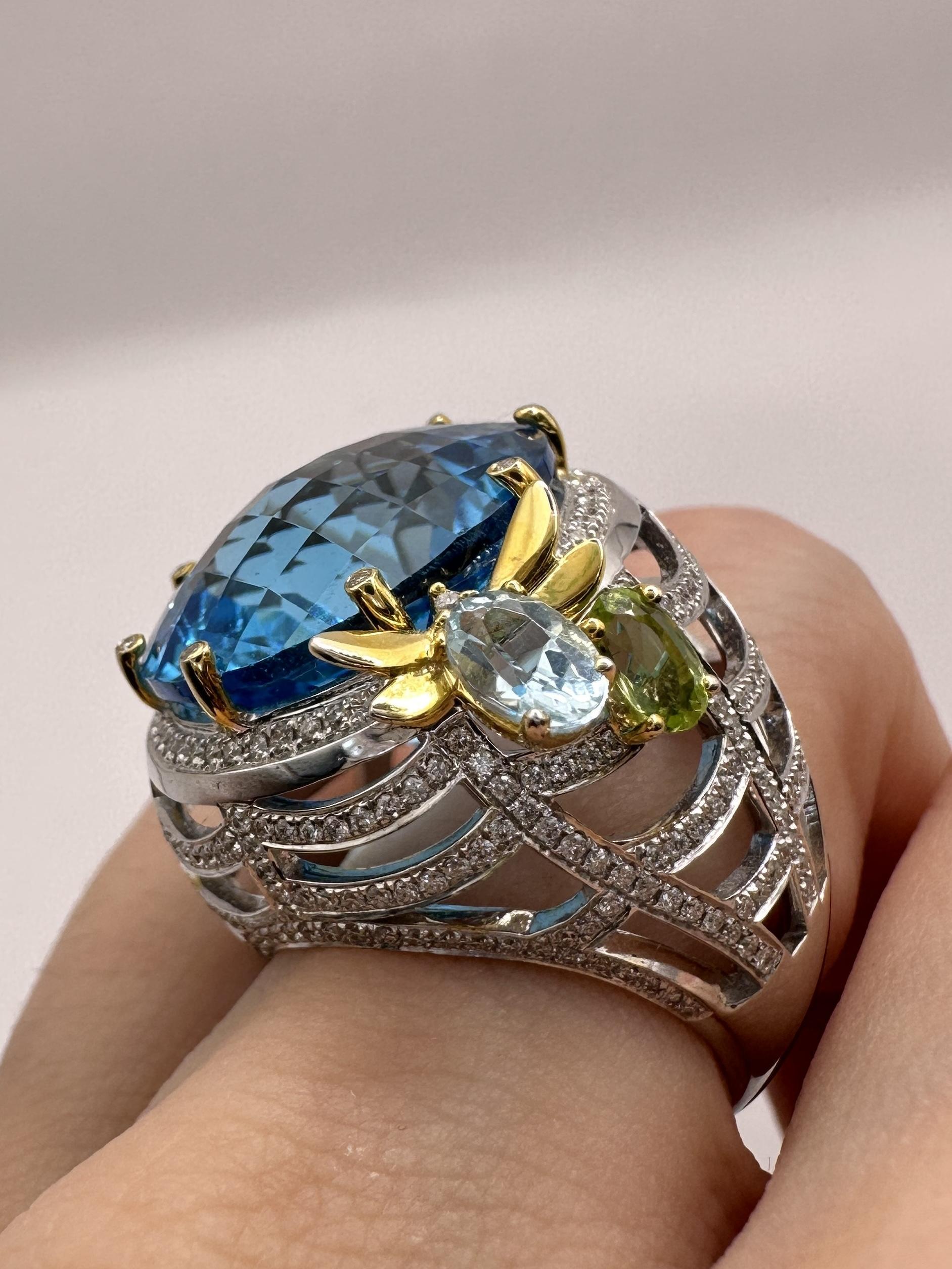 18k Diamond and Multi Colored Stone Cocktail Ring For Sale 8