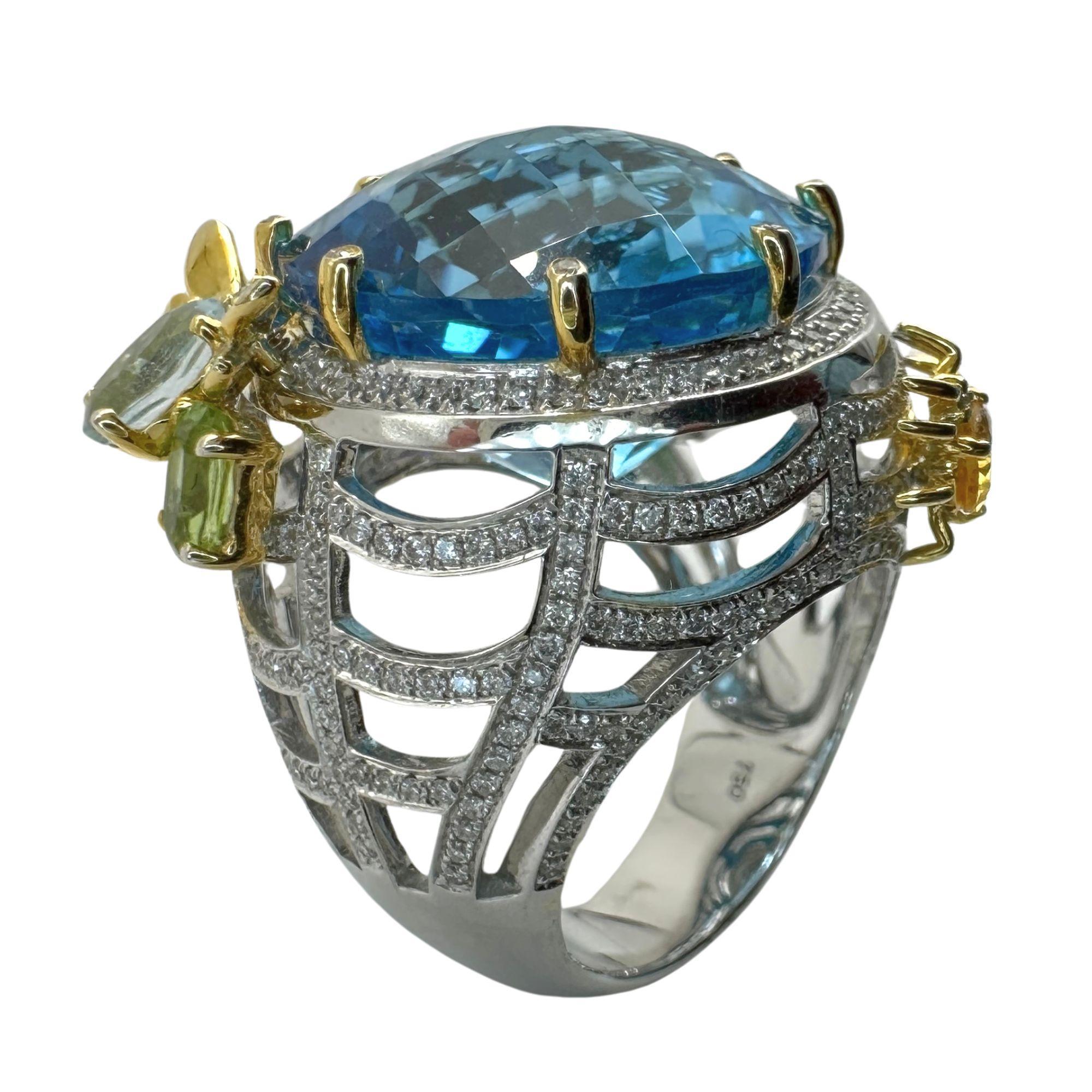 Women's 18k Diamond and Multi Colored Stone Cocktail Ring For Sale