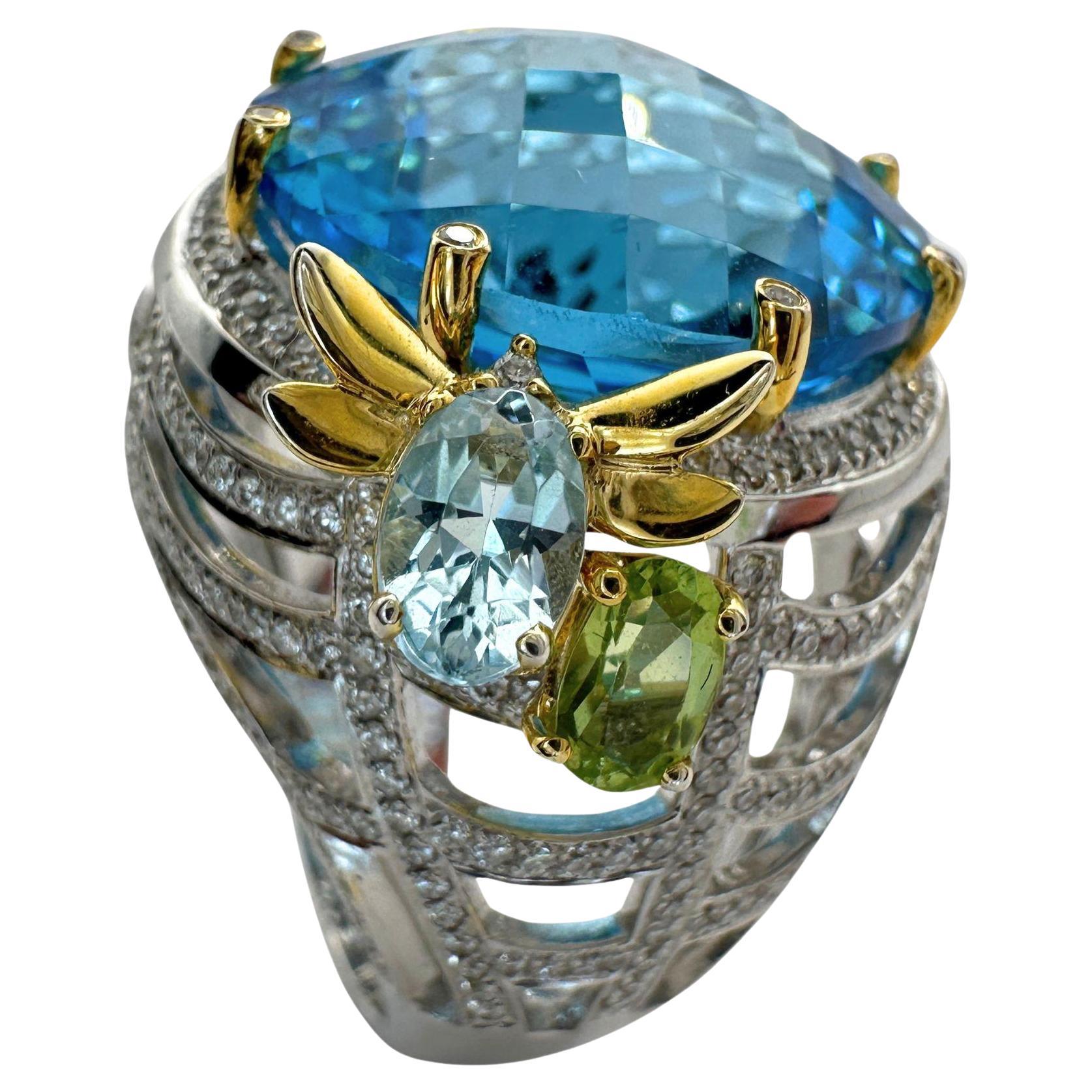 18k Diamond and Multi Colored Stone Cocktail Ring