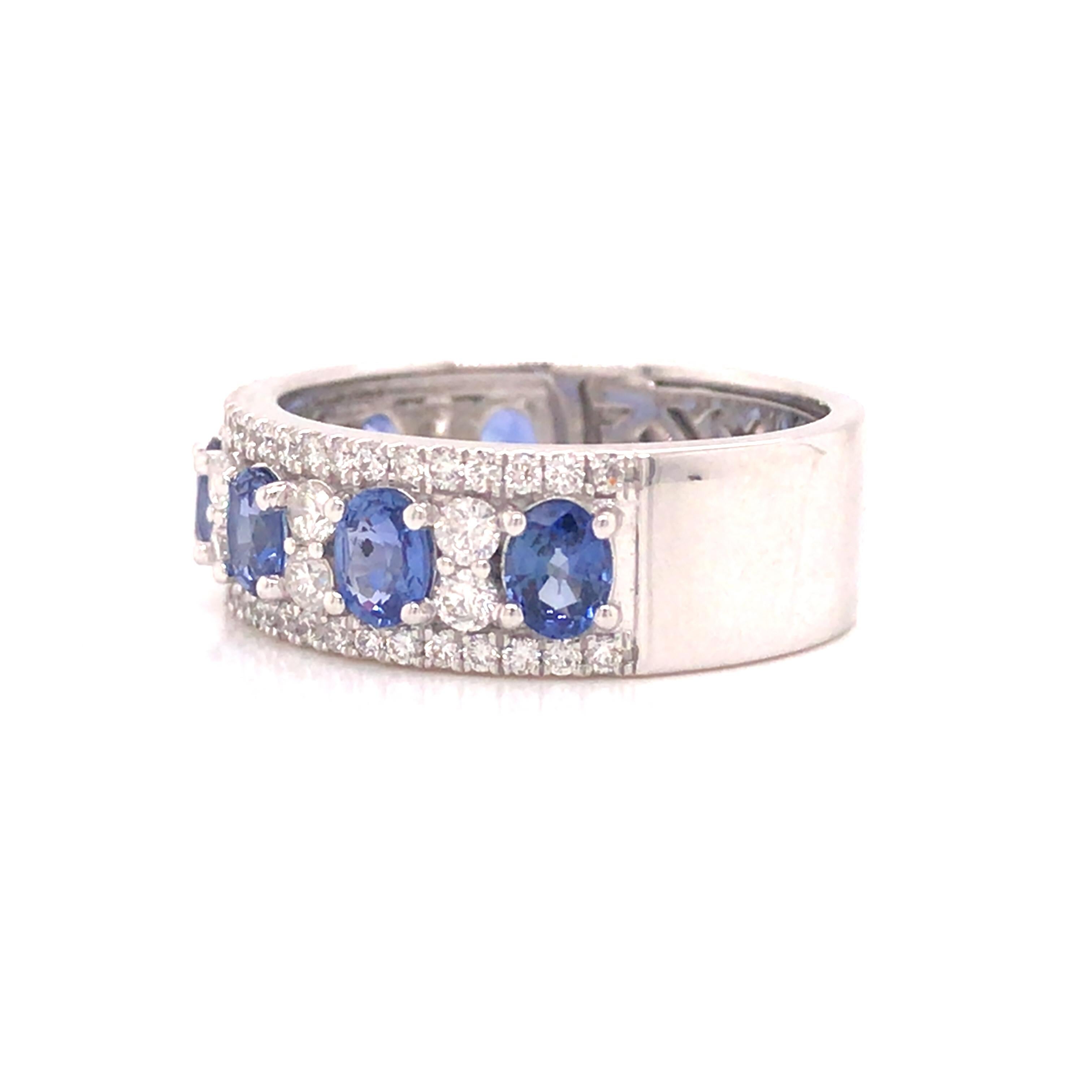 Oval Cut 18K Diamond and Oval Sapphire Band White Gold For Sale