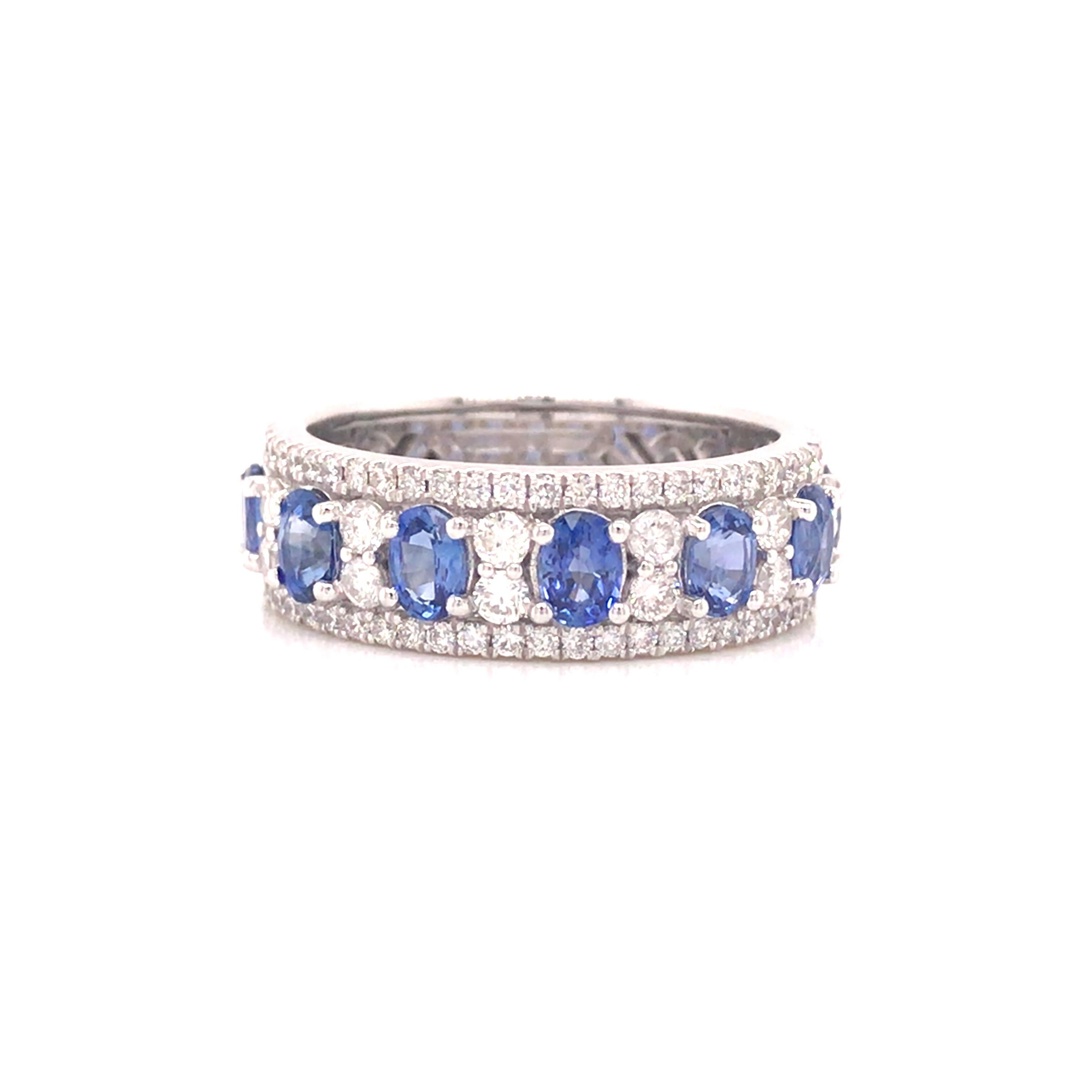 18K Diamond and Oval Sapphire Band White Gold For Sale 1