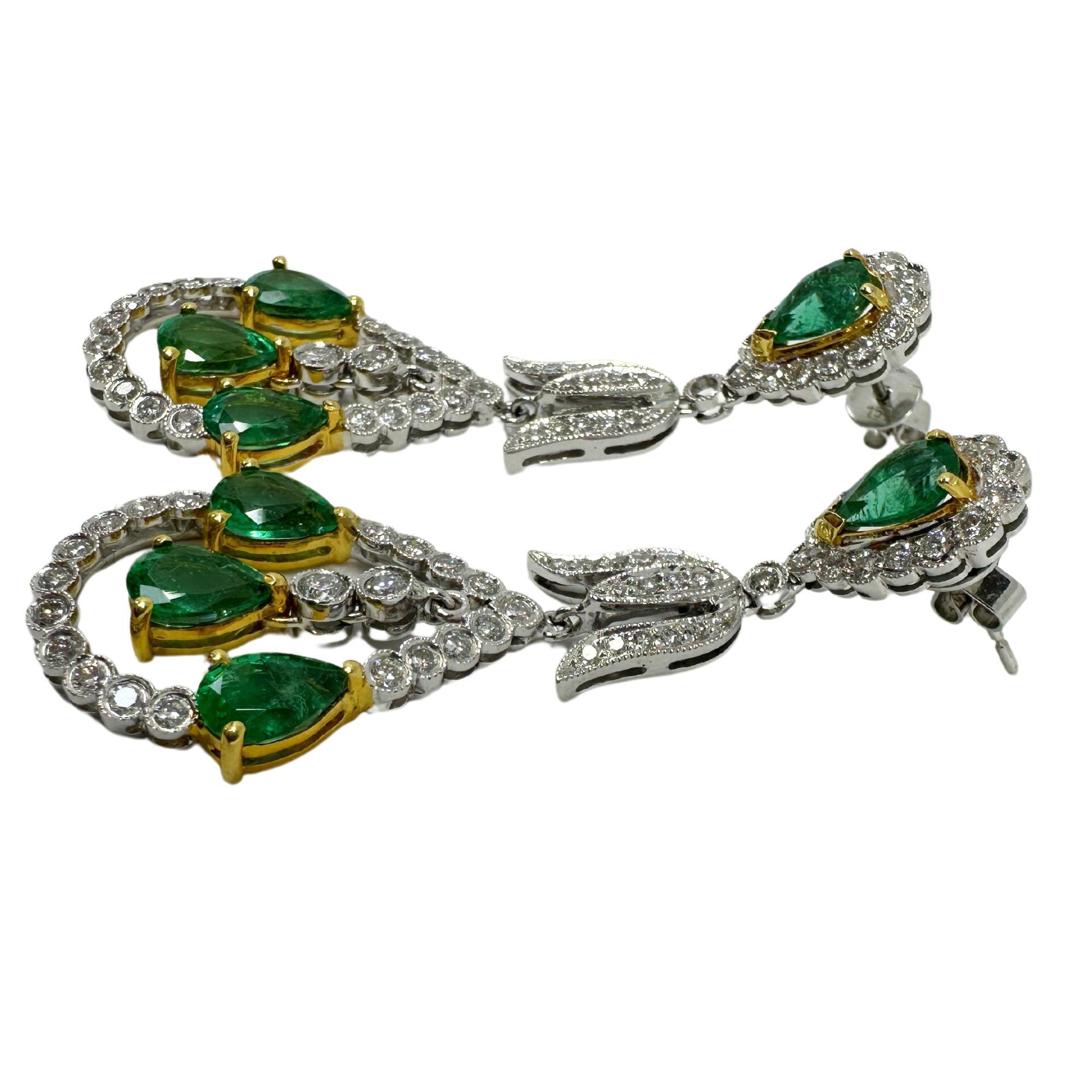 Modern 18K Diamond and Pear Shaped Emerald Earrings For Sale