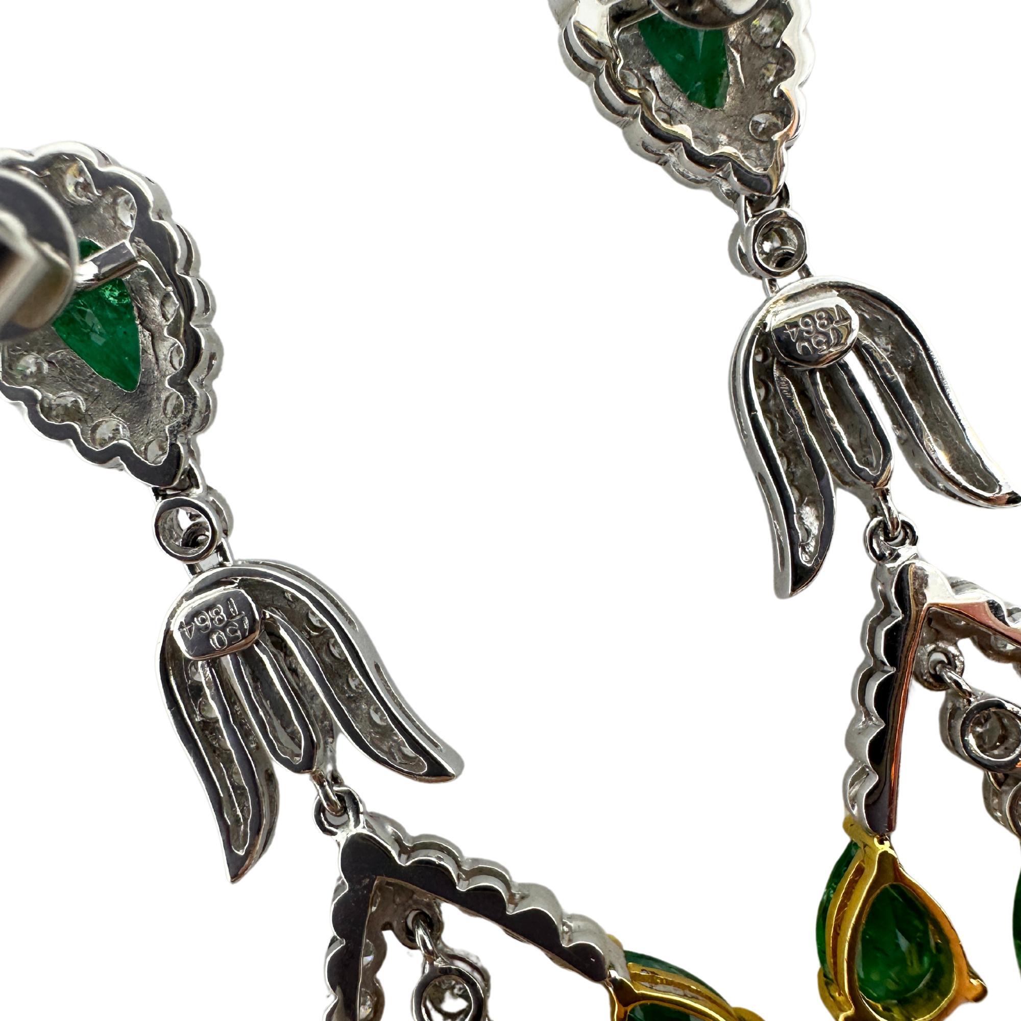 Pear Cut 18K Diamond and Pear Shaped Emerald Earrings For Sale