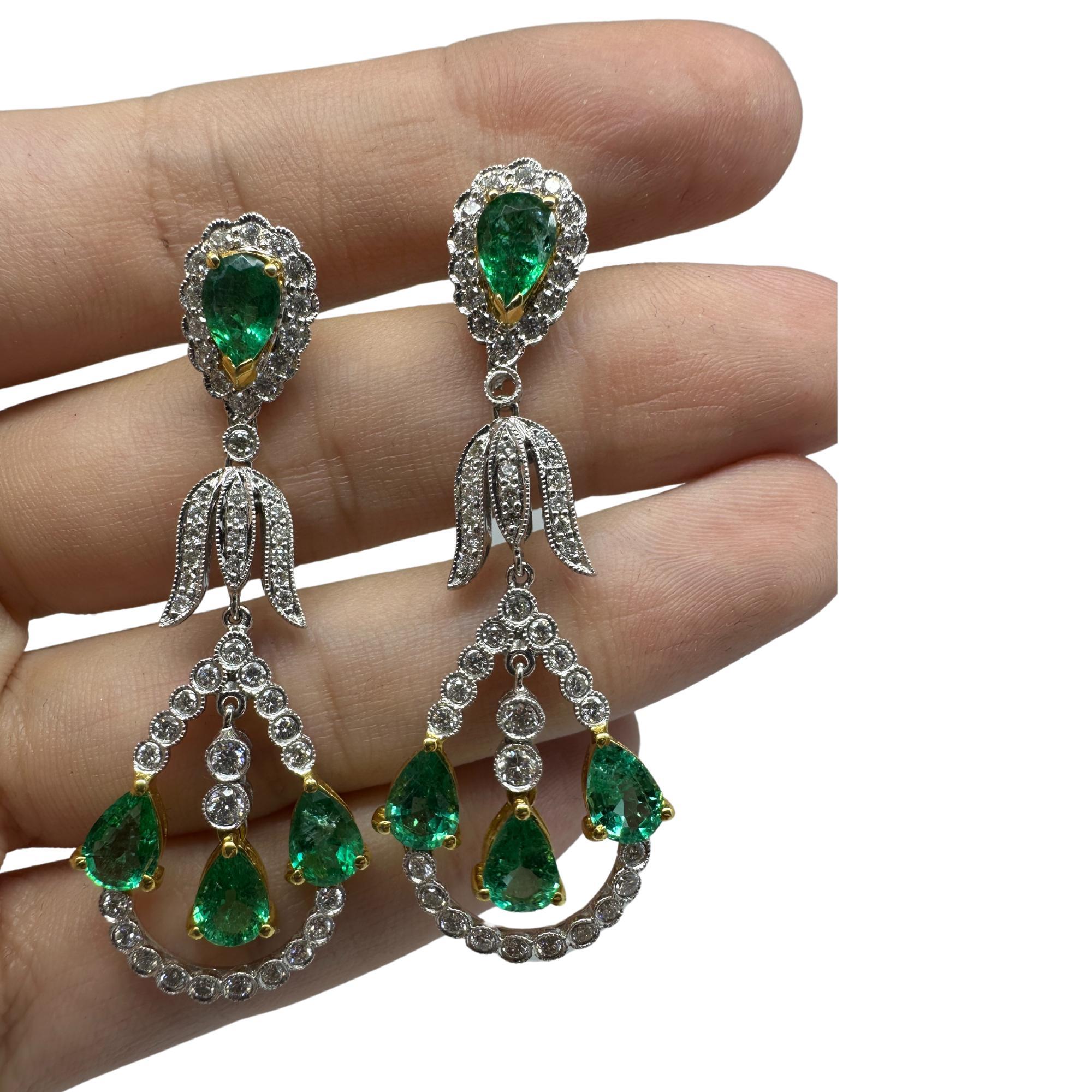 18K Diamond and Pear Shaped Emerald Earrings In Good Condition For Sale In New York, NY