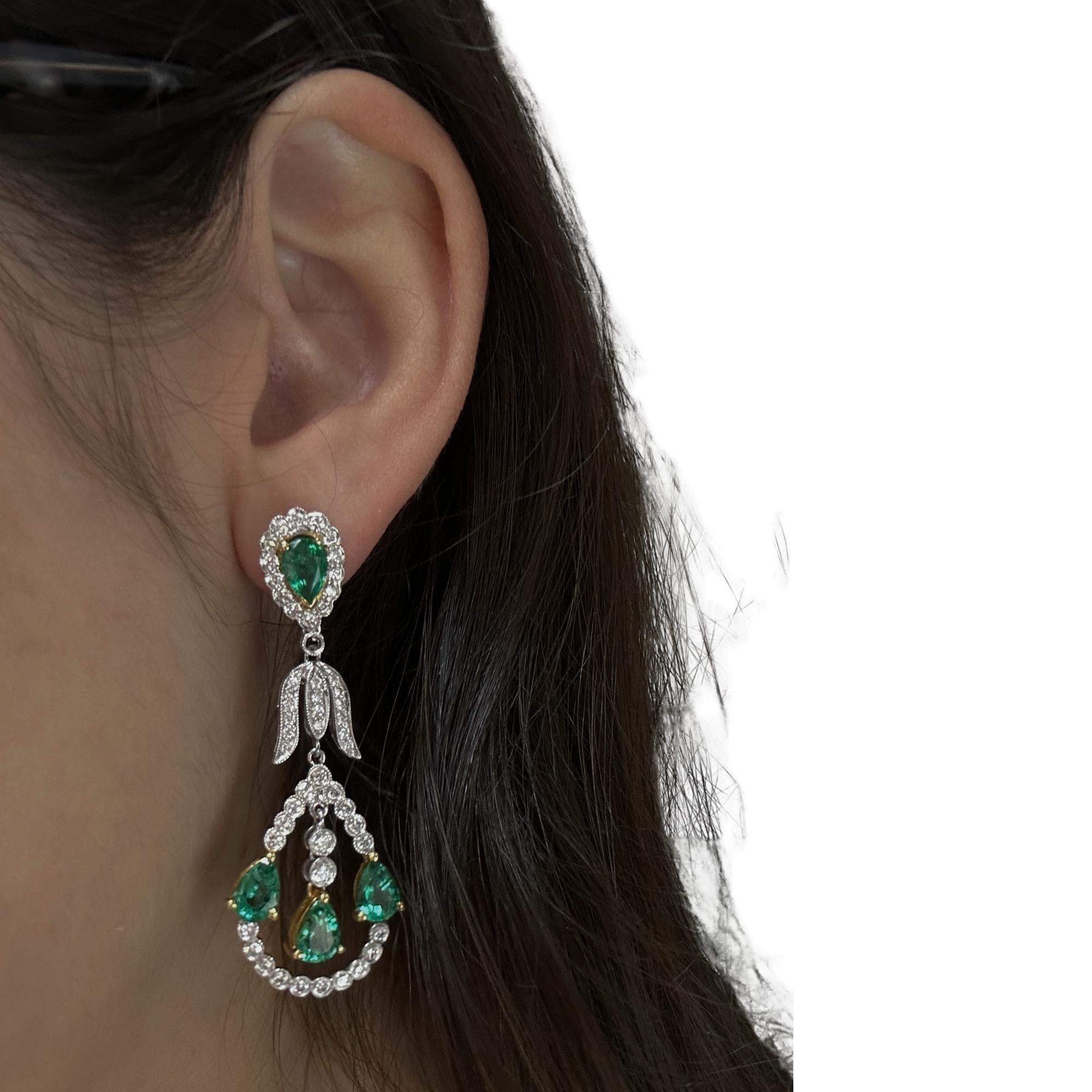 Women's 18K Diamond and Pear Shaped Emerald Earrings For Sale
