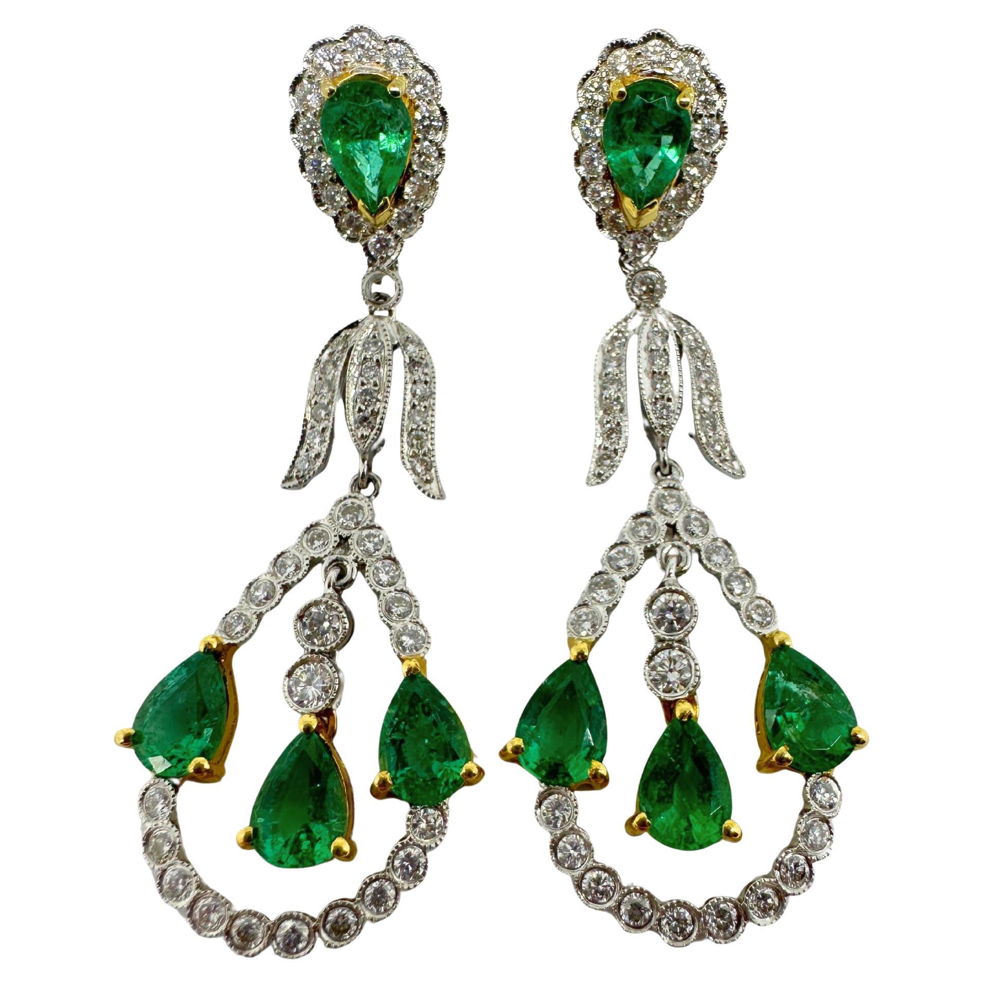 18K Diamond and Pear Shaped Emerald Earrings For Sale