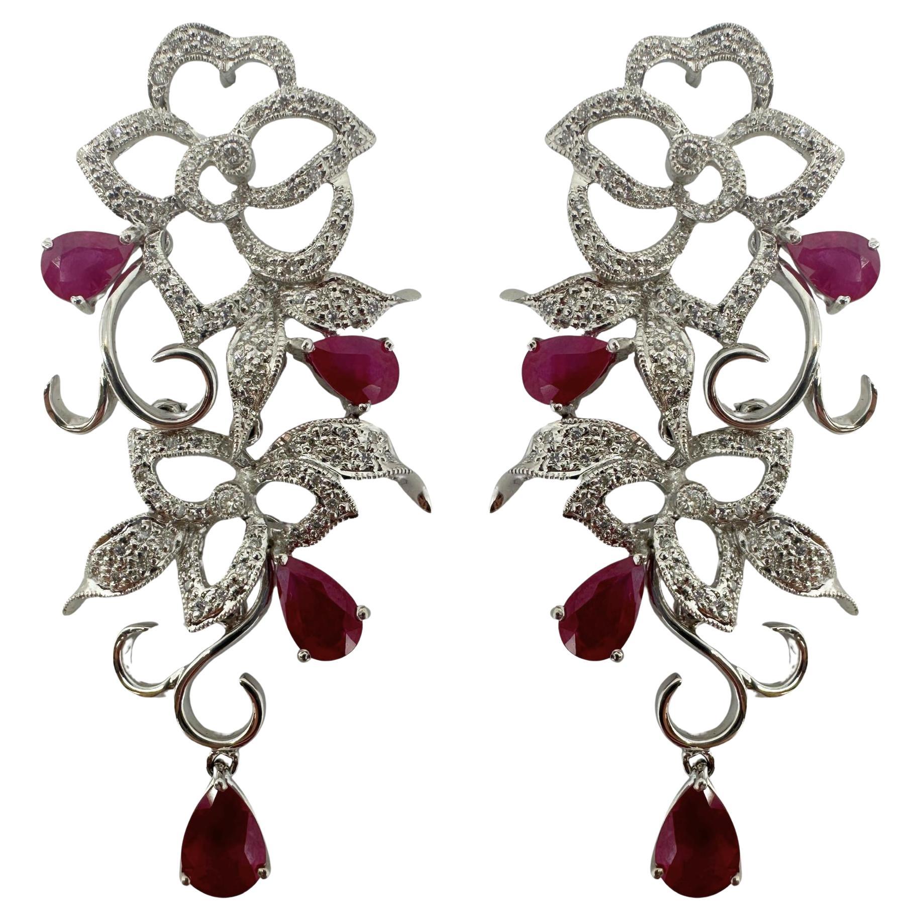 18k Diamond and Pear Shaped Ruby Earrings
