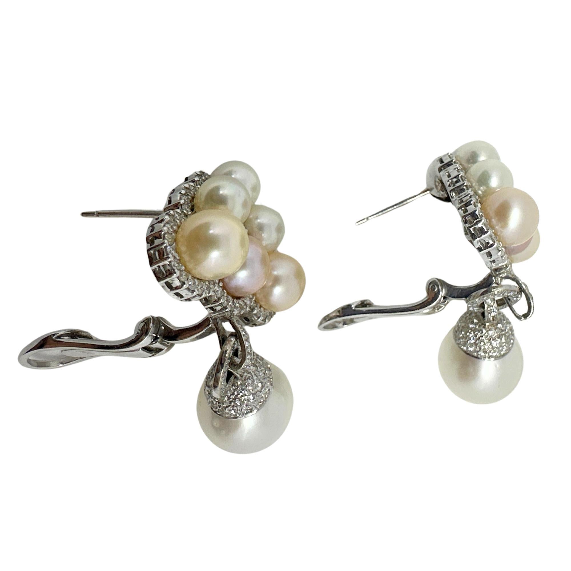 Round Cut 18K Diamond and Pearl Earrings For Sale